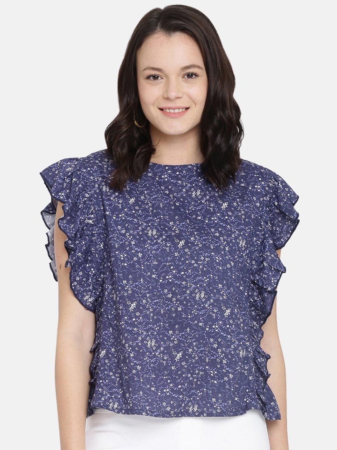 

HERE&NOW Women Blue & White Floral Print Top