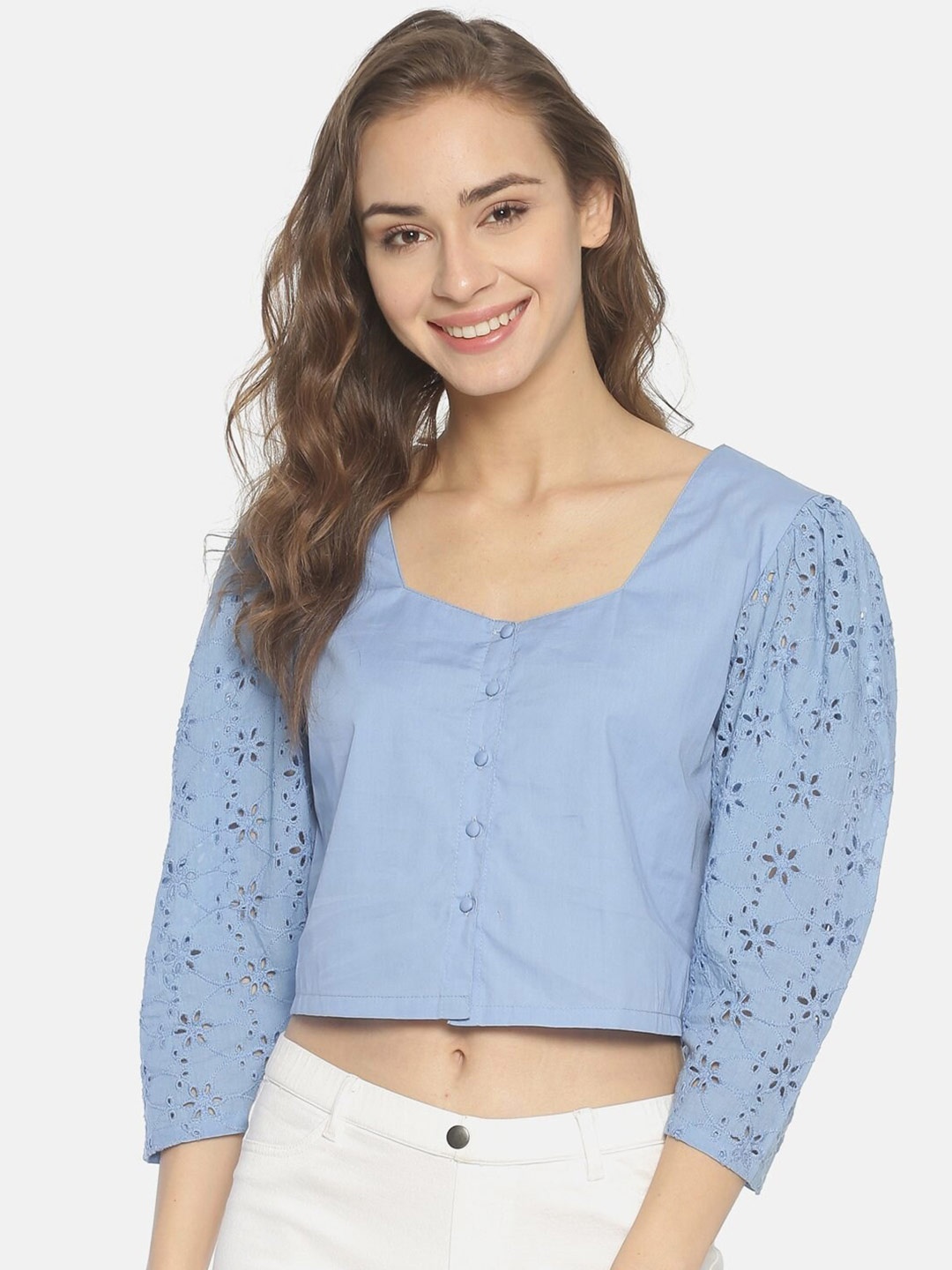 

HERE&NOW Blue Pure Cotton Schiffli Crop Top