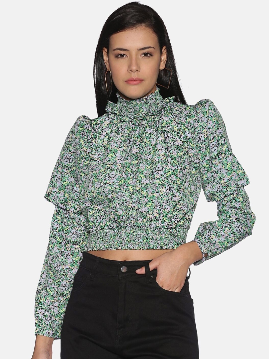 

HERE&NOW Women Green & Grey Floral Print Blouson Crop Top