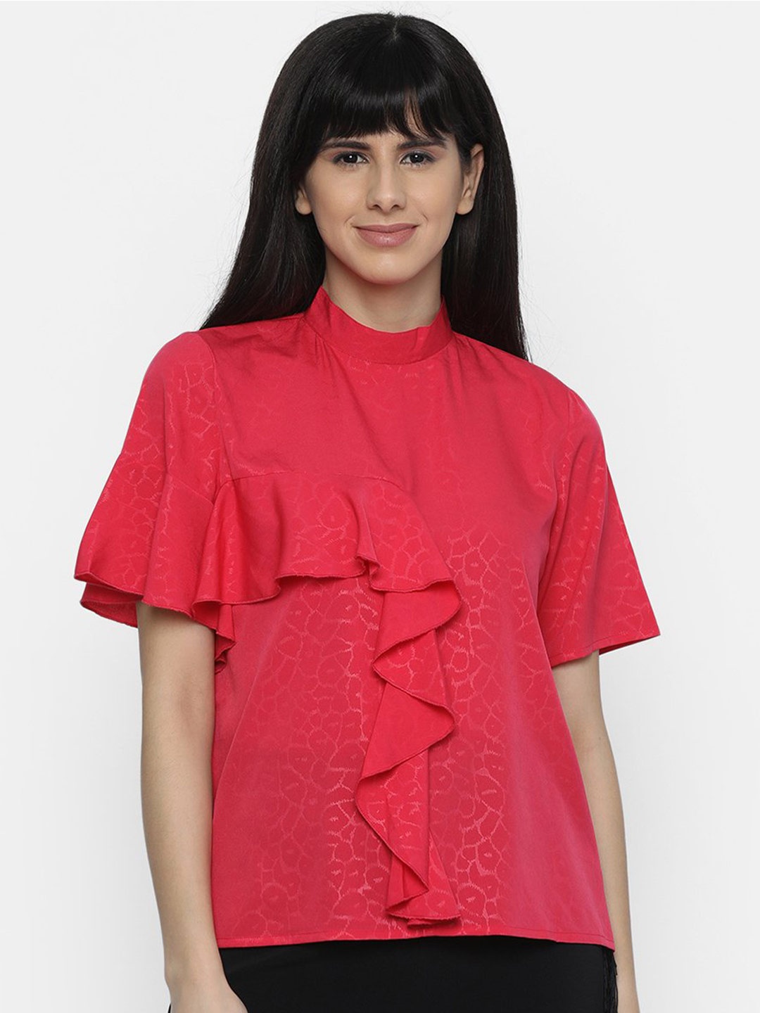 

HERE&NOW Women Pink Geometric Ruffles Crepe Top