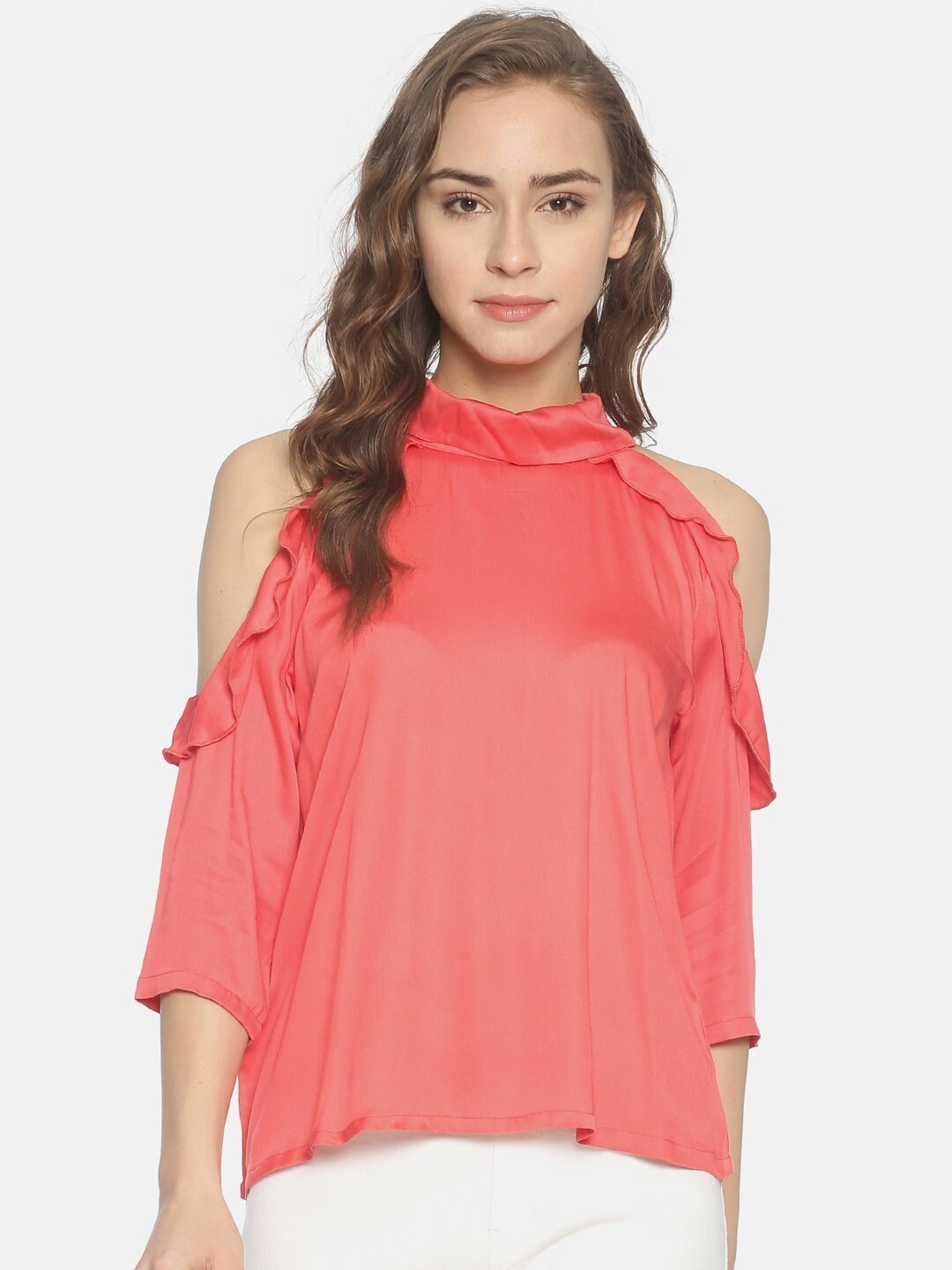 

HERE&NOW Coral Ruffles Satin Georgette Top