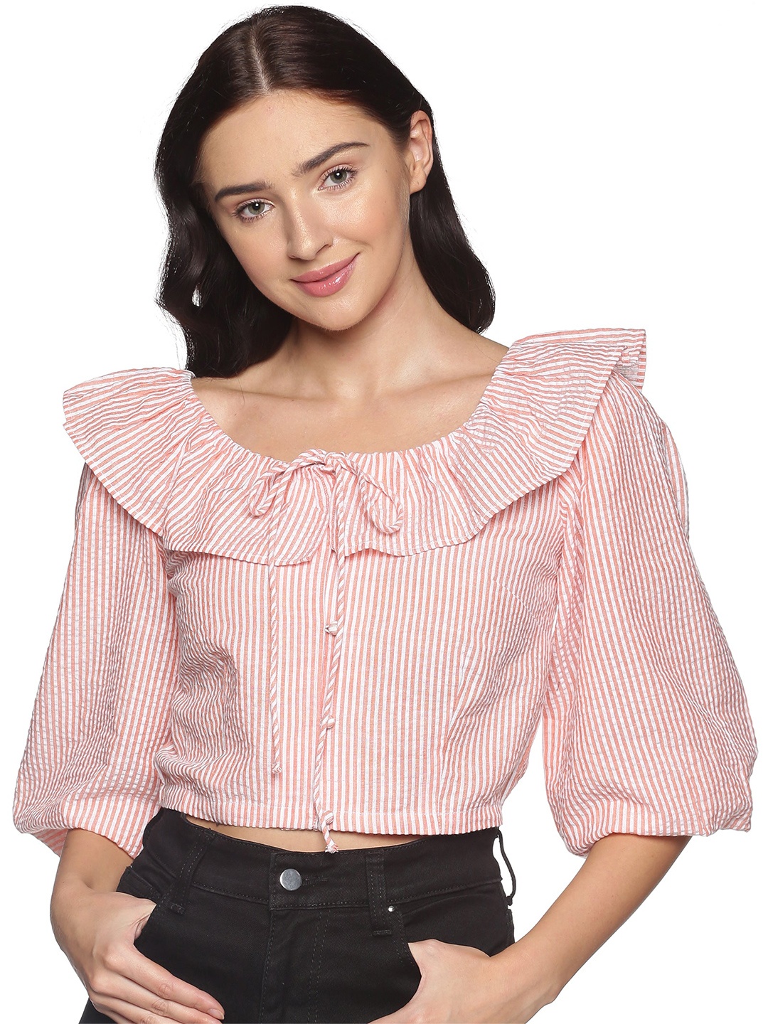 

HERE&NOW Orange & White Striped Tie-Up Neck Ruffles Crop Top