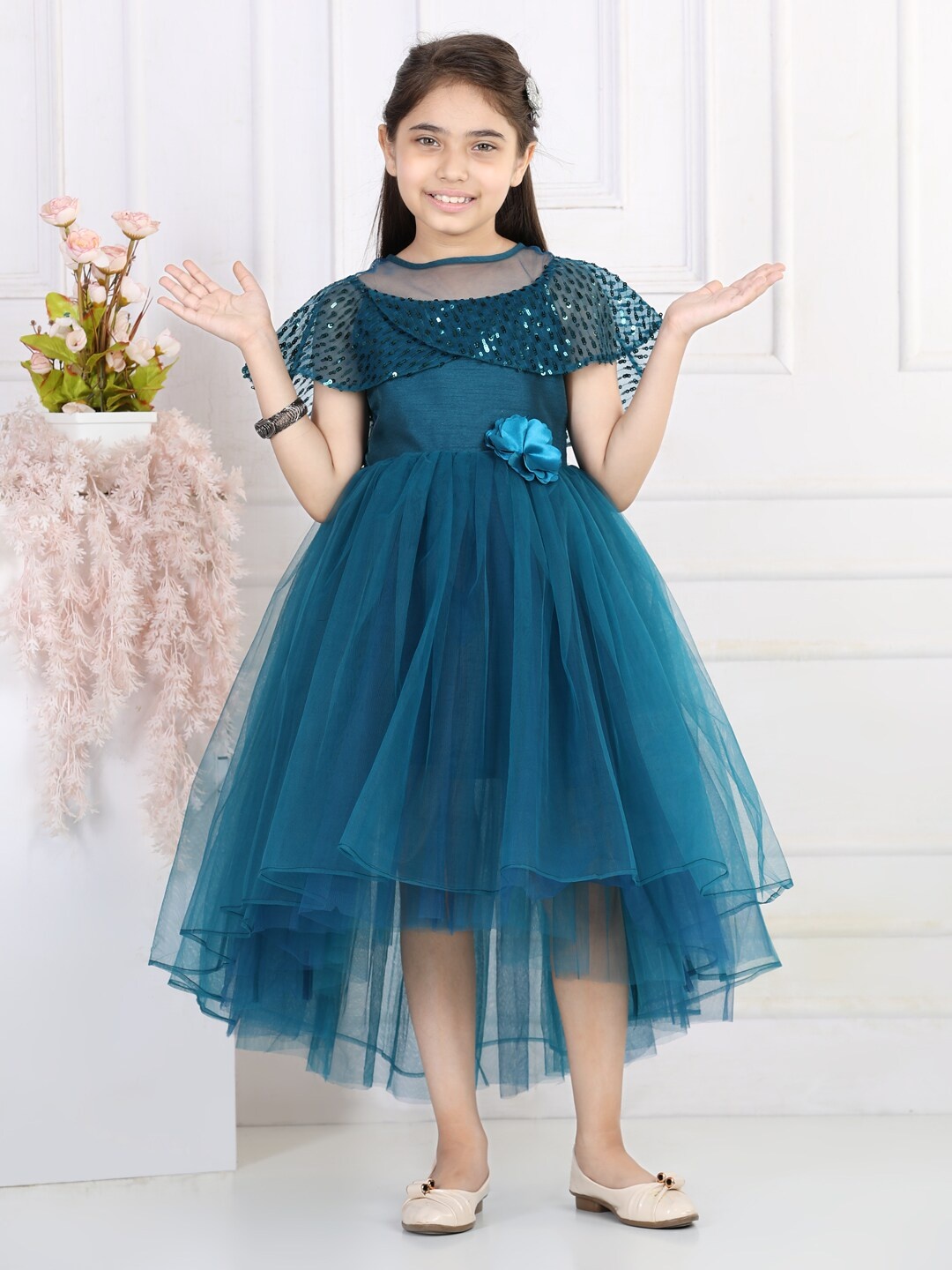 

Toy Balloon Girls Teal Blue Embellished Net Midi Dress