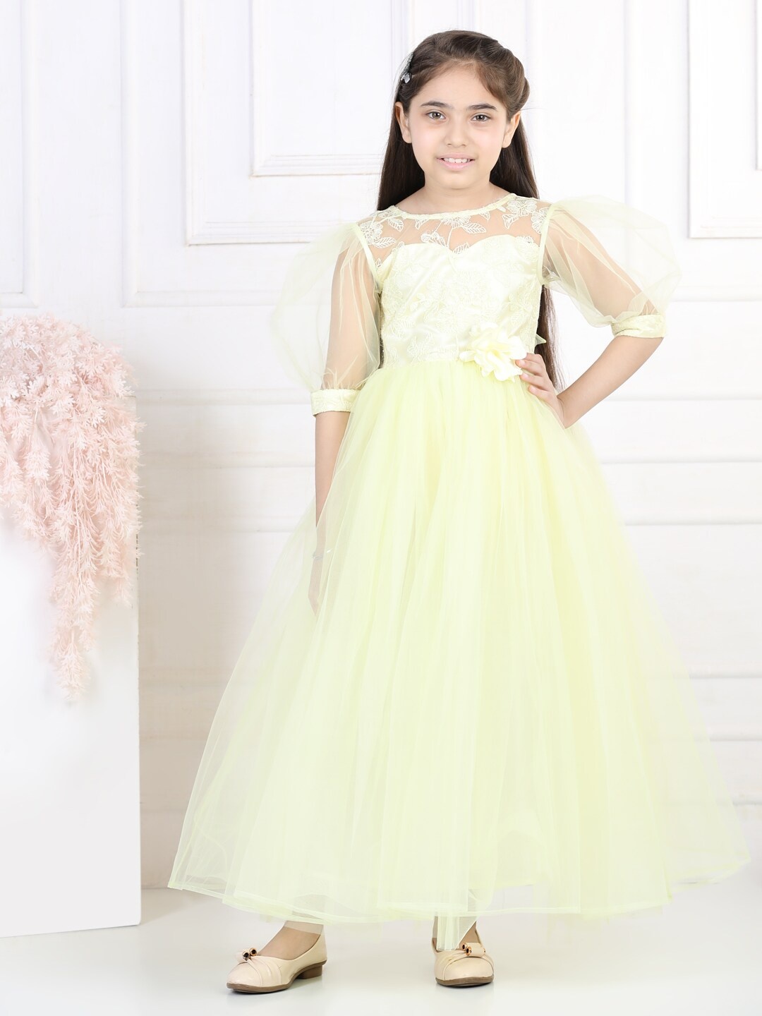 

Toy Balloon kids Yellow Floral Embroidered Net Maxi Dress