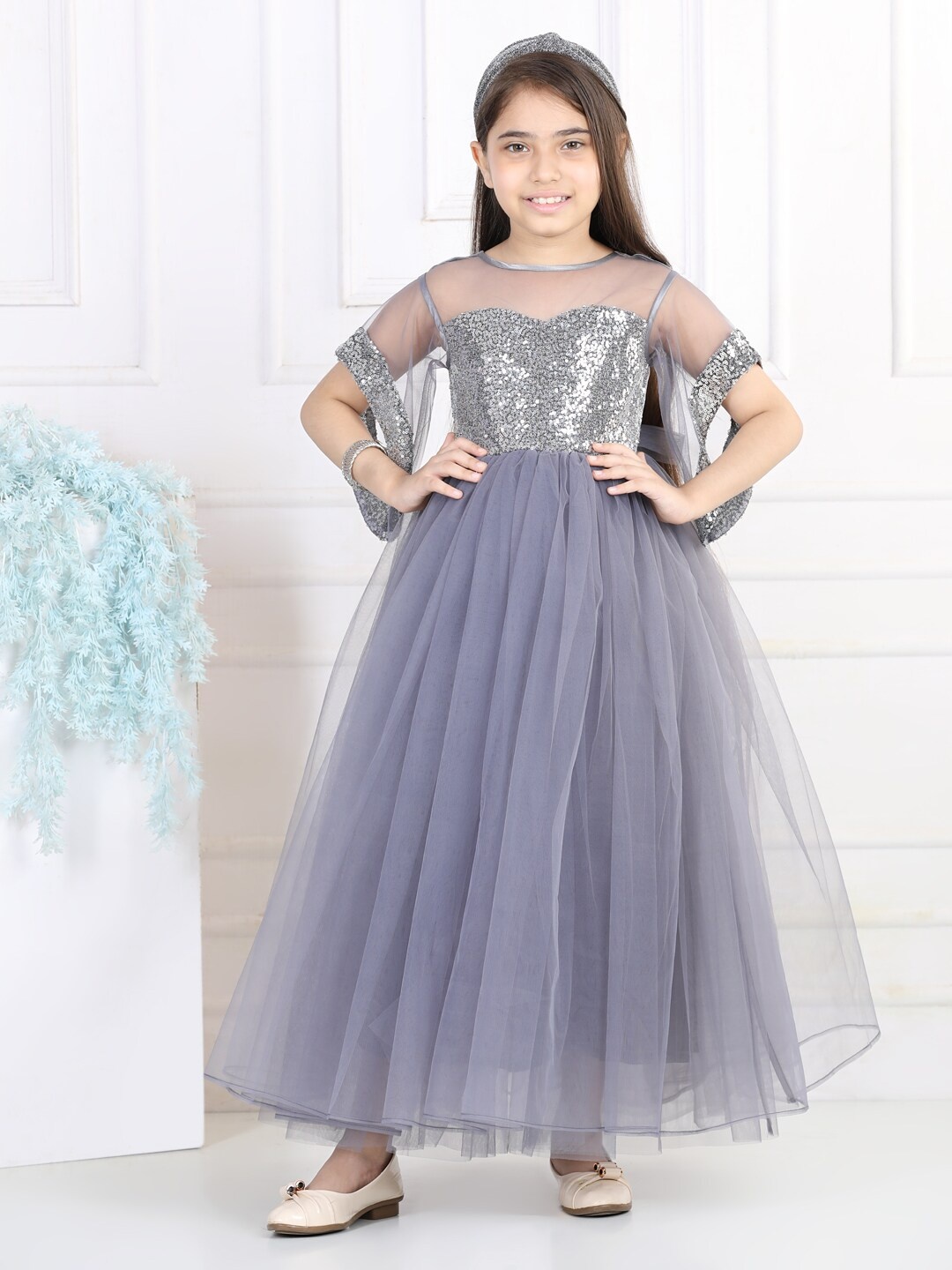 

Toy Balloon kids Grey Embellished Net Maxi Dress
