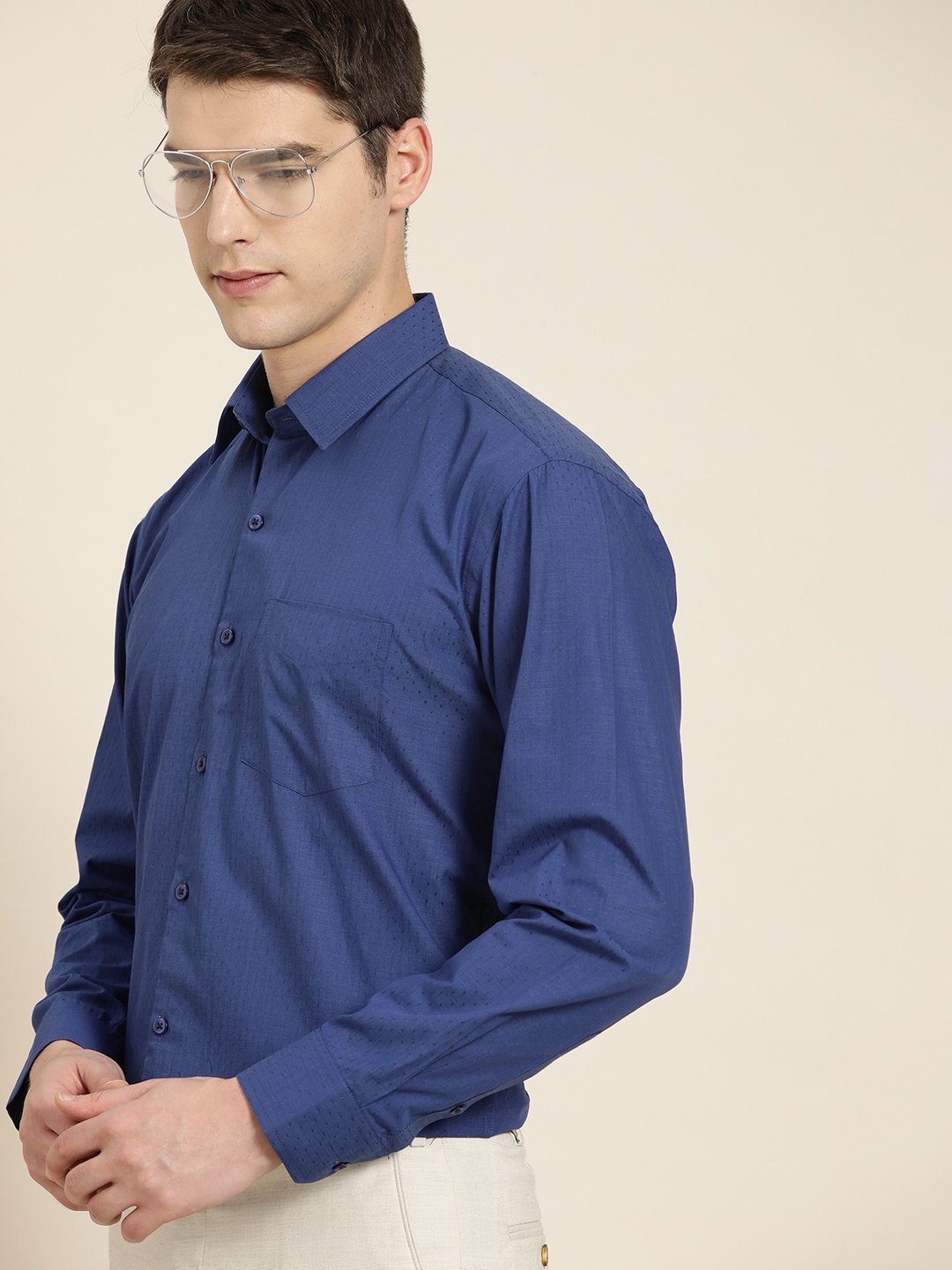

Hancock Pure Cotton Self Design Slim Fit Formal Shirt, Blue
