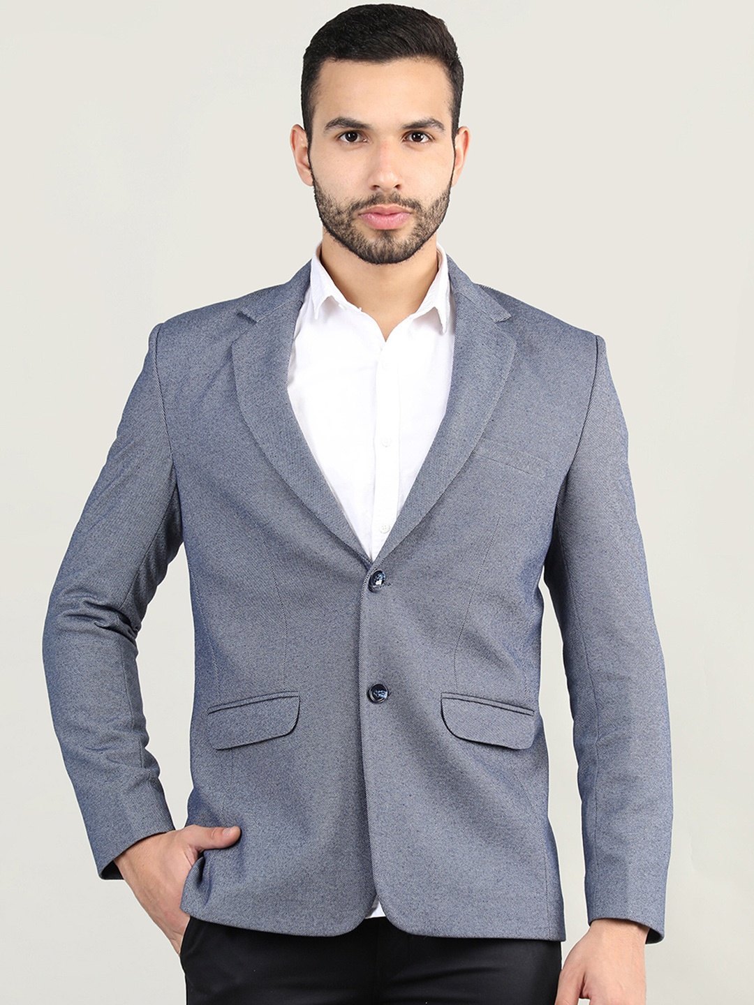 

Dlanxa Men Blue Melange Solid Single-Breasted Formal Blazer
