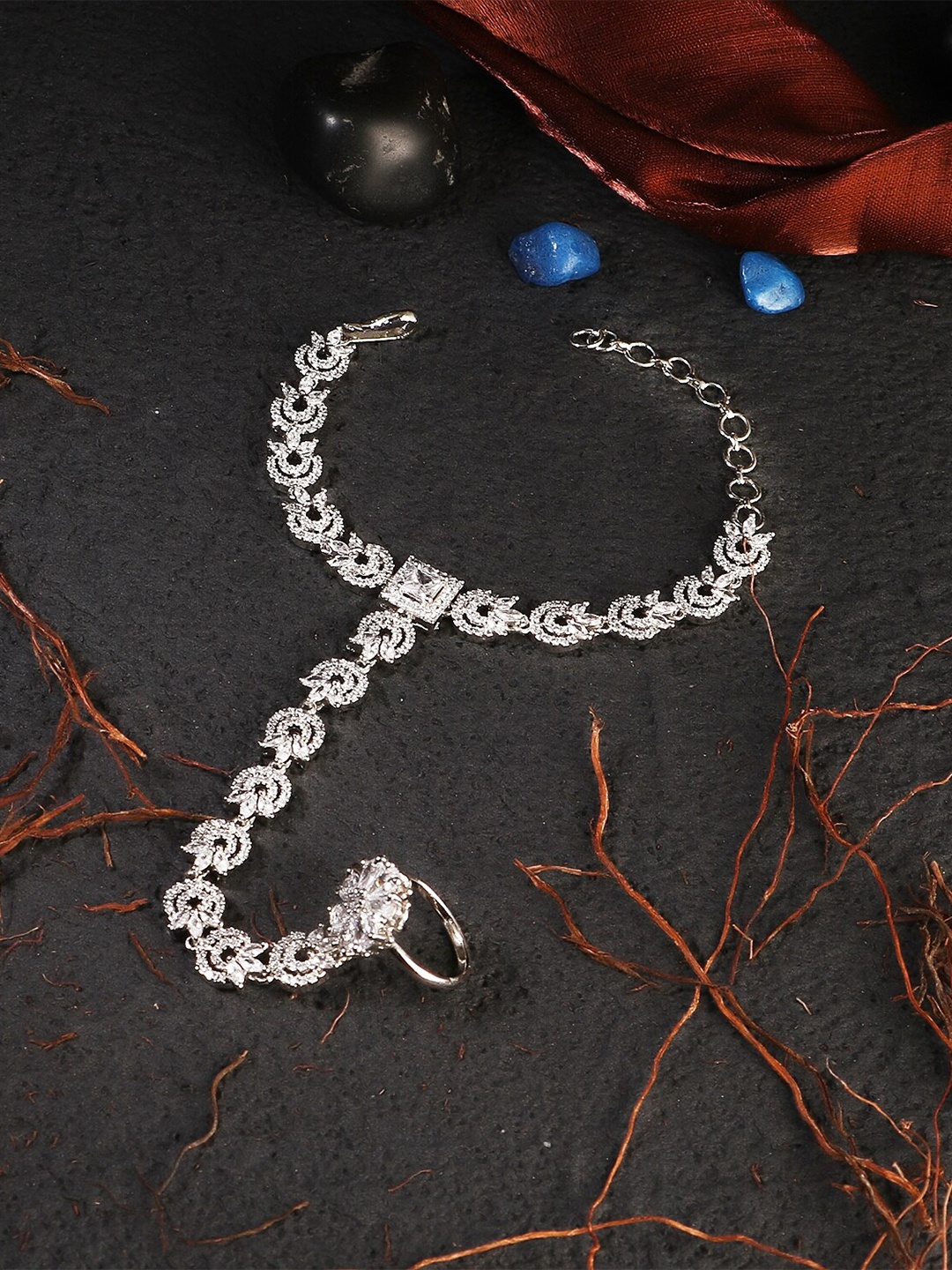 

Adwitiya Collection Women Silver-Toned & White Brass Rhodium-Plated Ring Bracelet