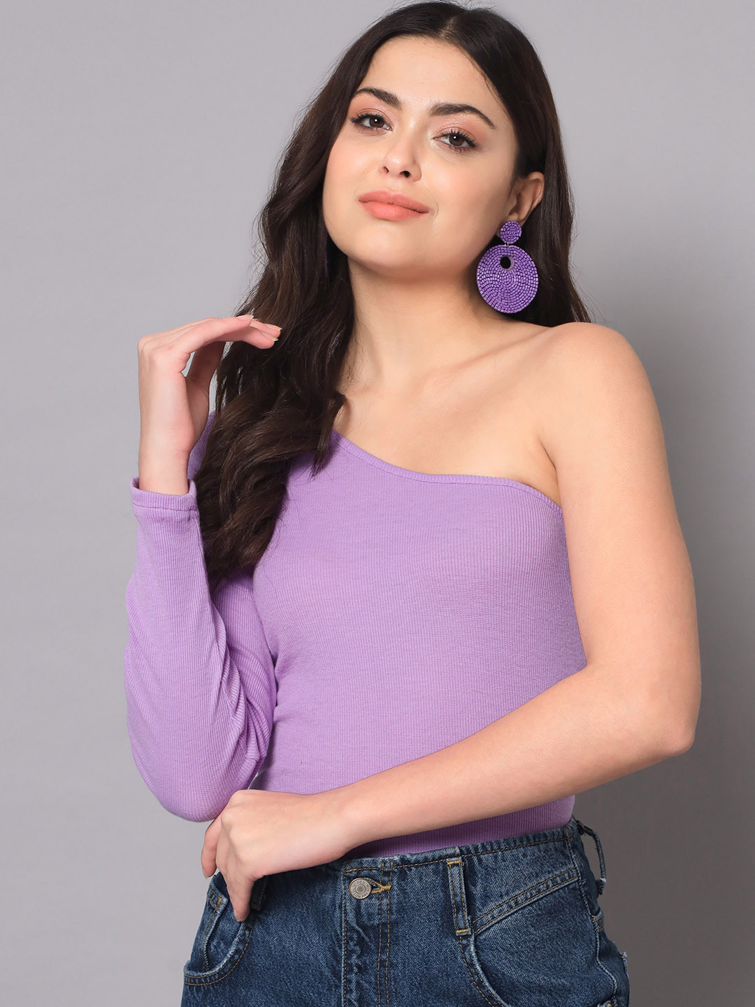 

AAHWAN Women Purple One Shoulder Top