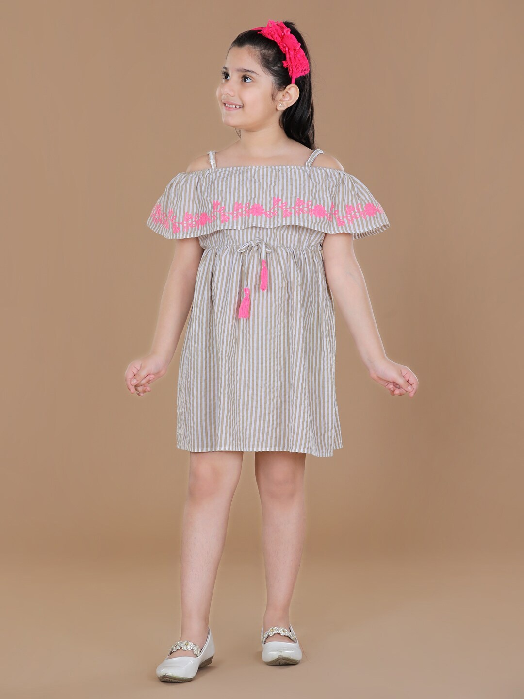

StyleStone Beige Striped Cotton A-Line Dress