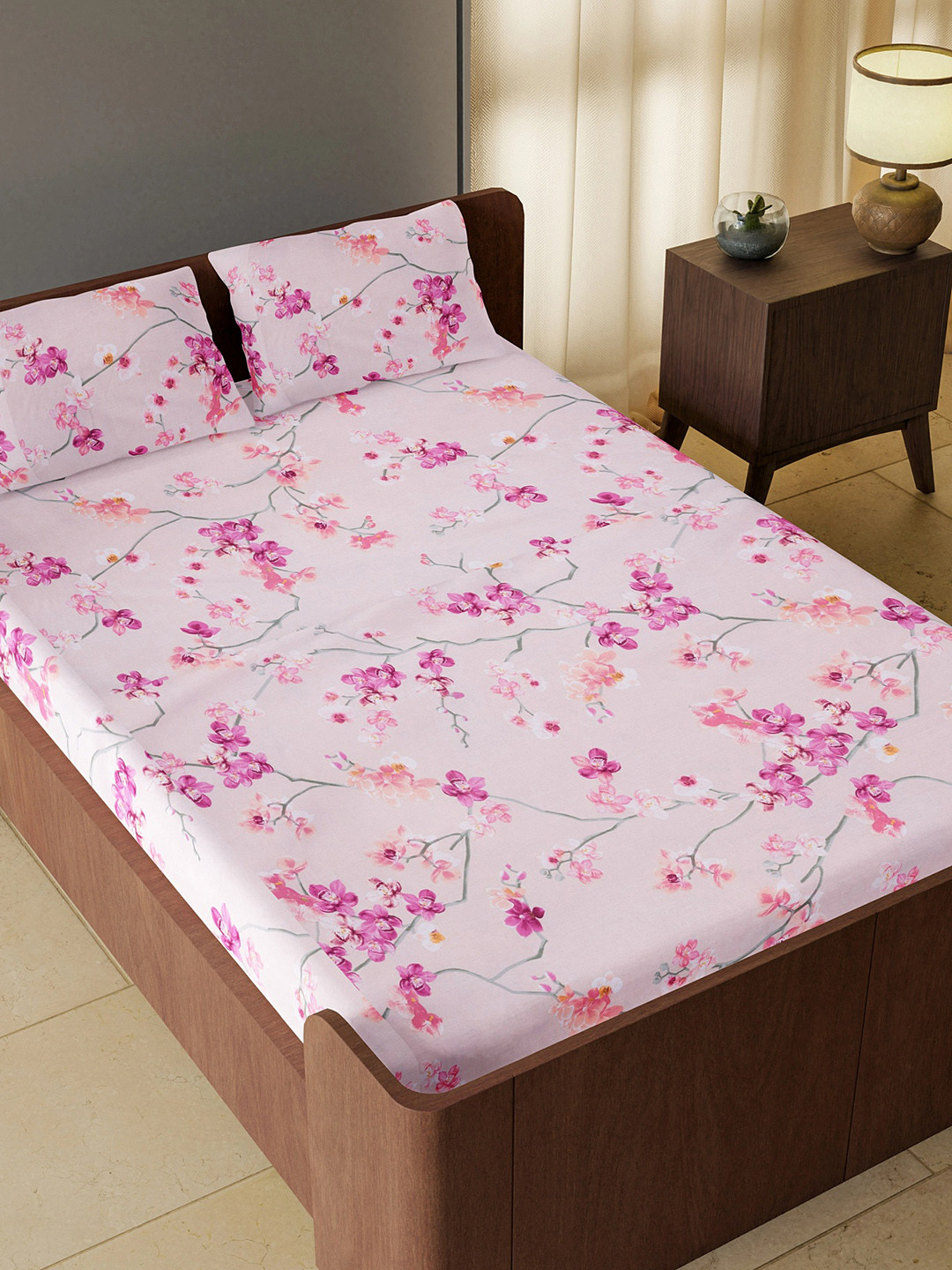 

White Loom Magical Cherry-Blossom 180 TC Cotton Queen Bedsheet with 2 Pillow Covers, Pink