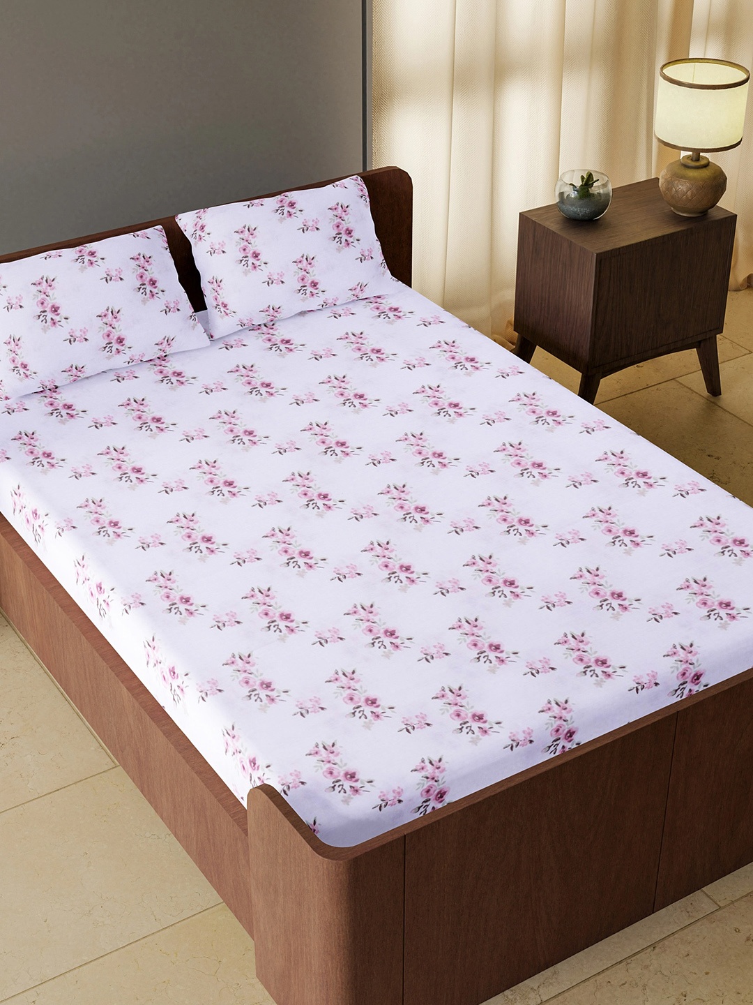 

White Loom Pink & Mauve Floral 180 TC Pure Cotton Queen Bedsheet with 2 Pillow Covers