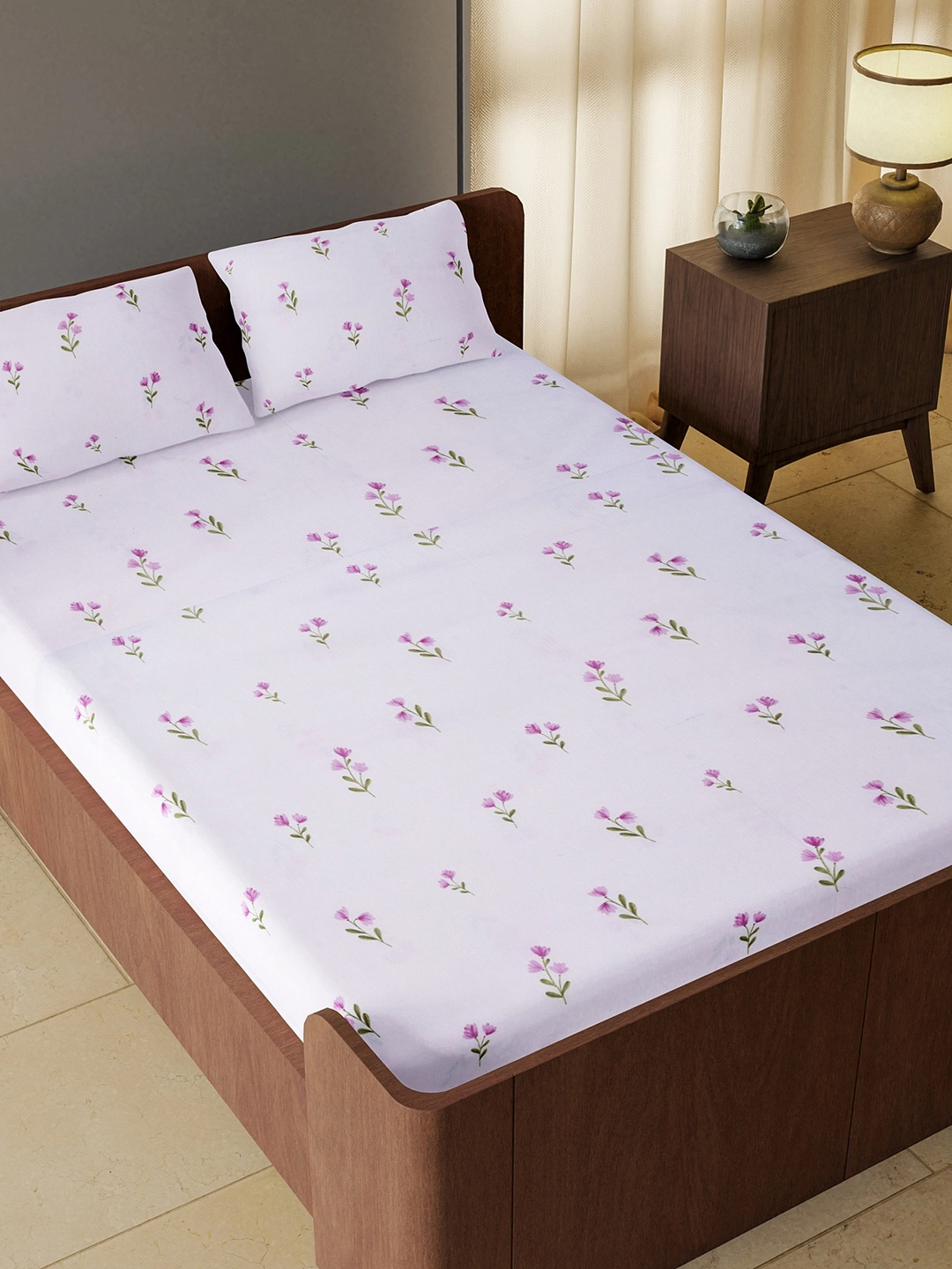 

White Loom White & Pink Floral 180 TC Pure Cotton Queen Bedsheet with 2 Pillow Covers