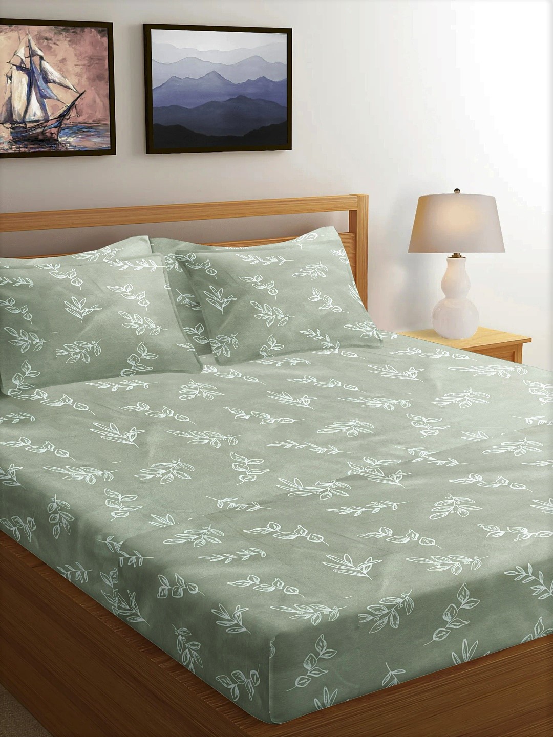 

White Loom Green & White Floral 180 TC Pure Cotton Queen Bedsheet with 2 Pillow Covers
