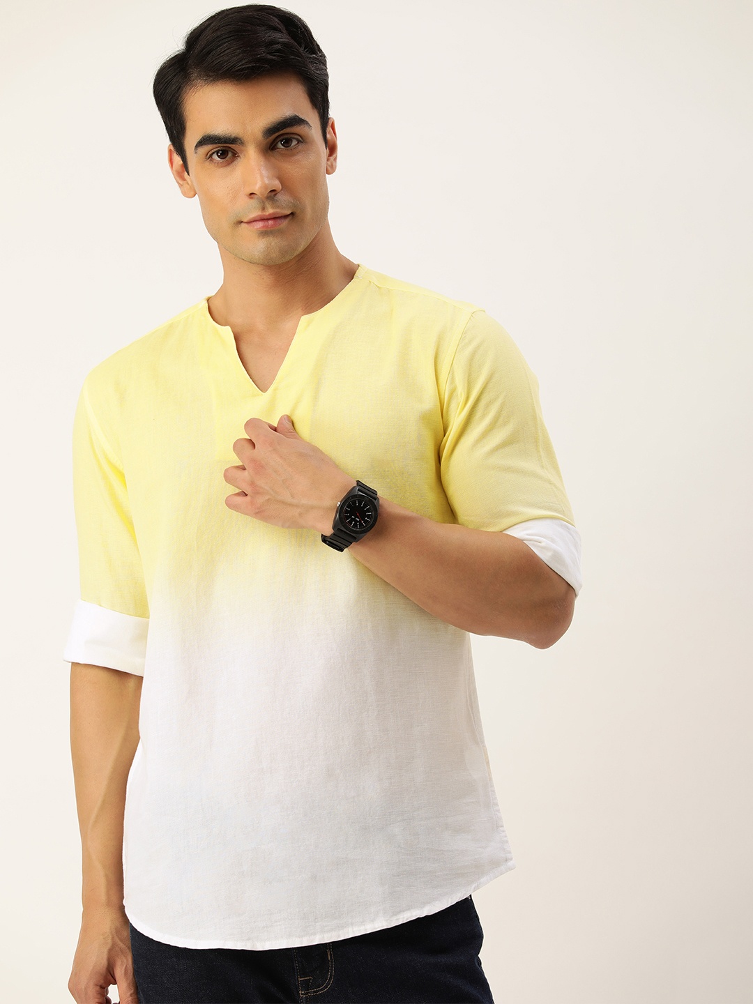 

Bene Kleed Men Yellow & White Ombre Cotton Linen Kurta