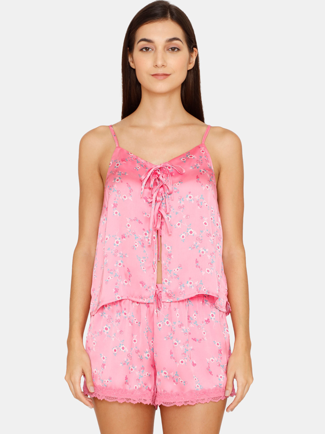 

Zivame Women Pink & White Floral Printed Night suit