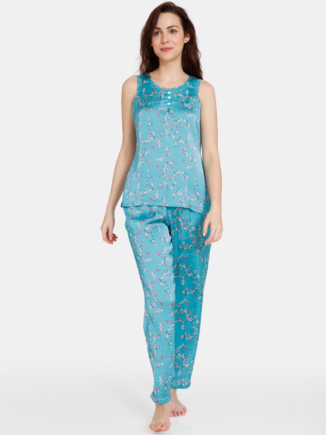 

Zivame Women Blue & Pink Floral Printed Night suit