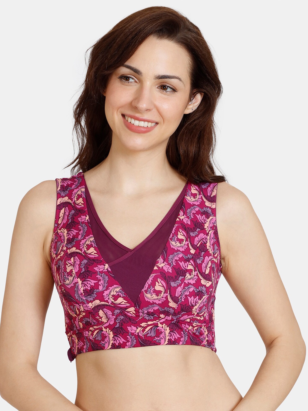 

Zivame Women Purple & Beige Floral Printed Side Closure Bra