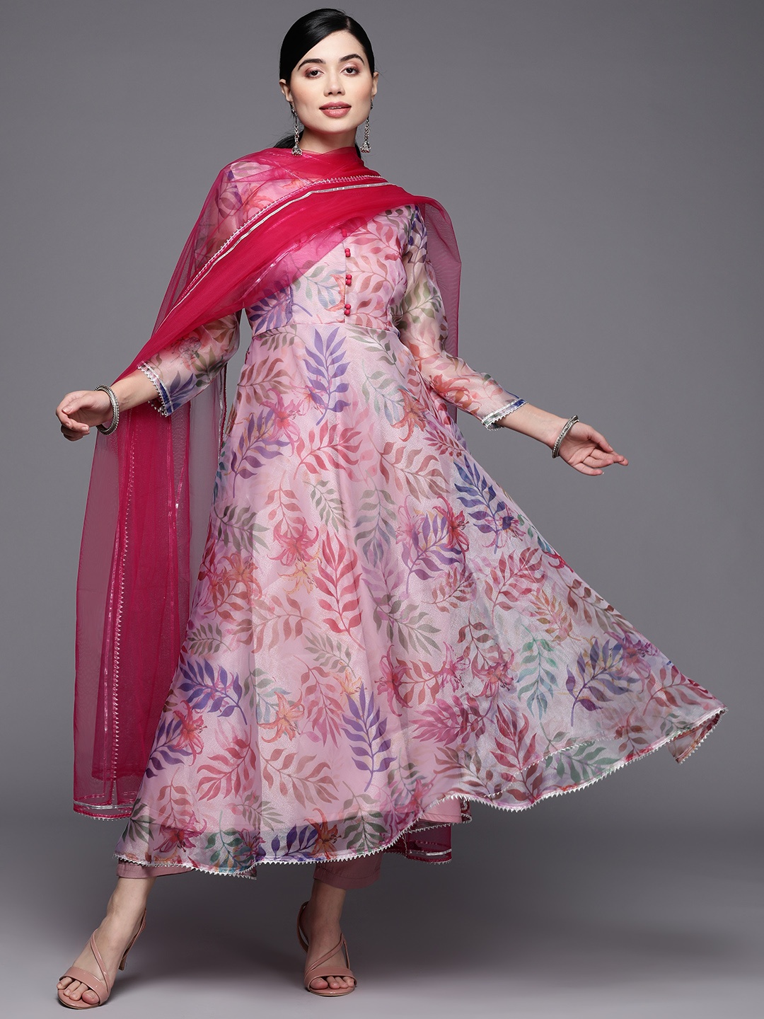 

Inddus Women Pink Floral Printed Gotta Patti Kurta with Trousers & With Dupatta
