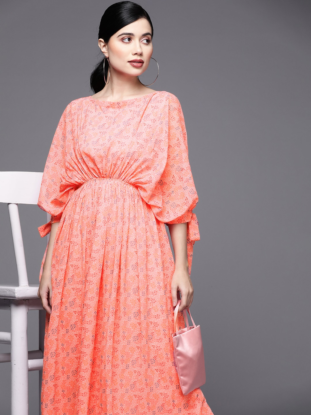 

Inddus Peach-Coloured & White Georgette Ethnic Kaftan Maxi Dress