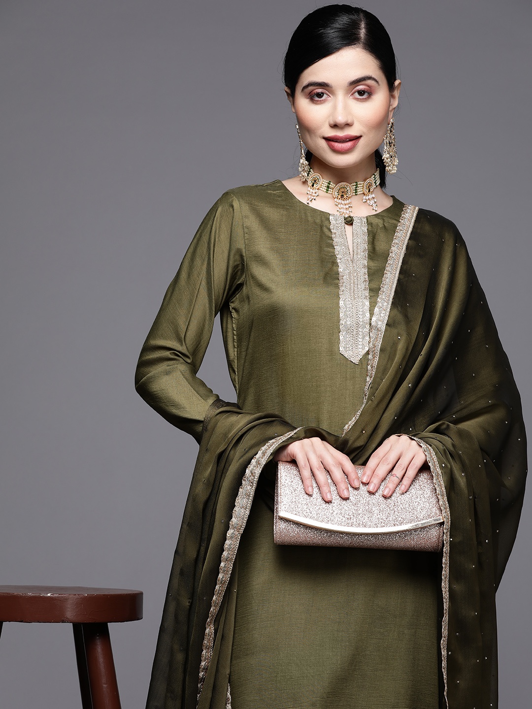 

Inddus Women Green Embroidered Sequinned Kurta with Palazzos & With Dupatta