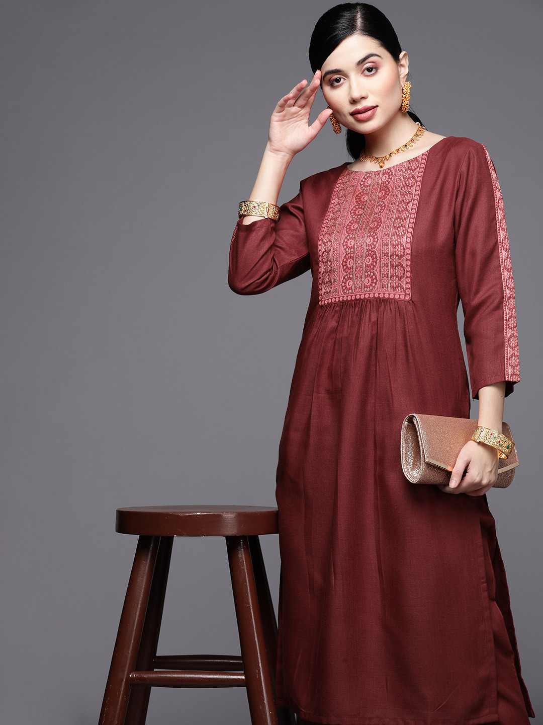 

Inddus Women Maroon Yoke Design Pleated Kurta with Trousers