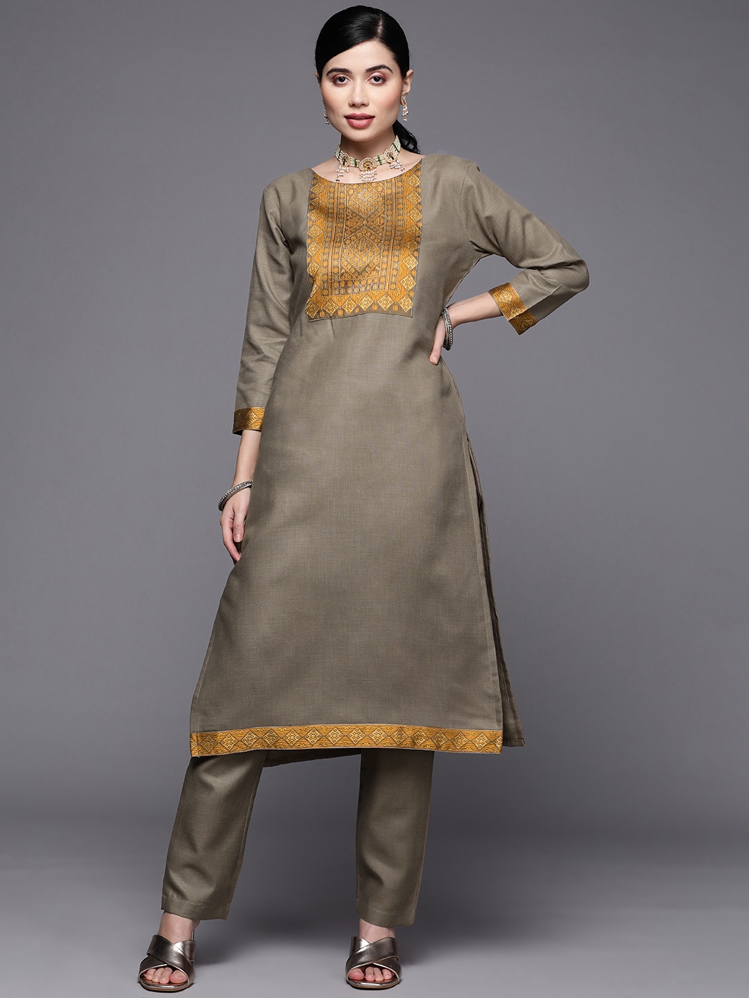 

Inddus Women Taupe & Mustard Yellow Yoke Design Kurta with Trousers