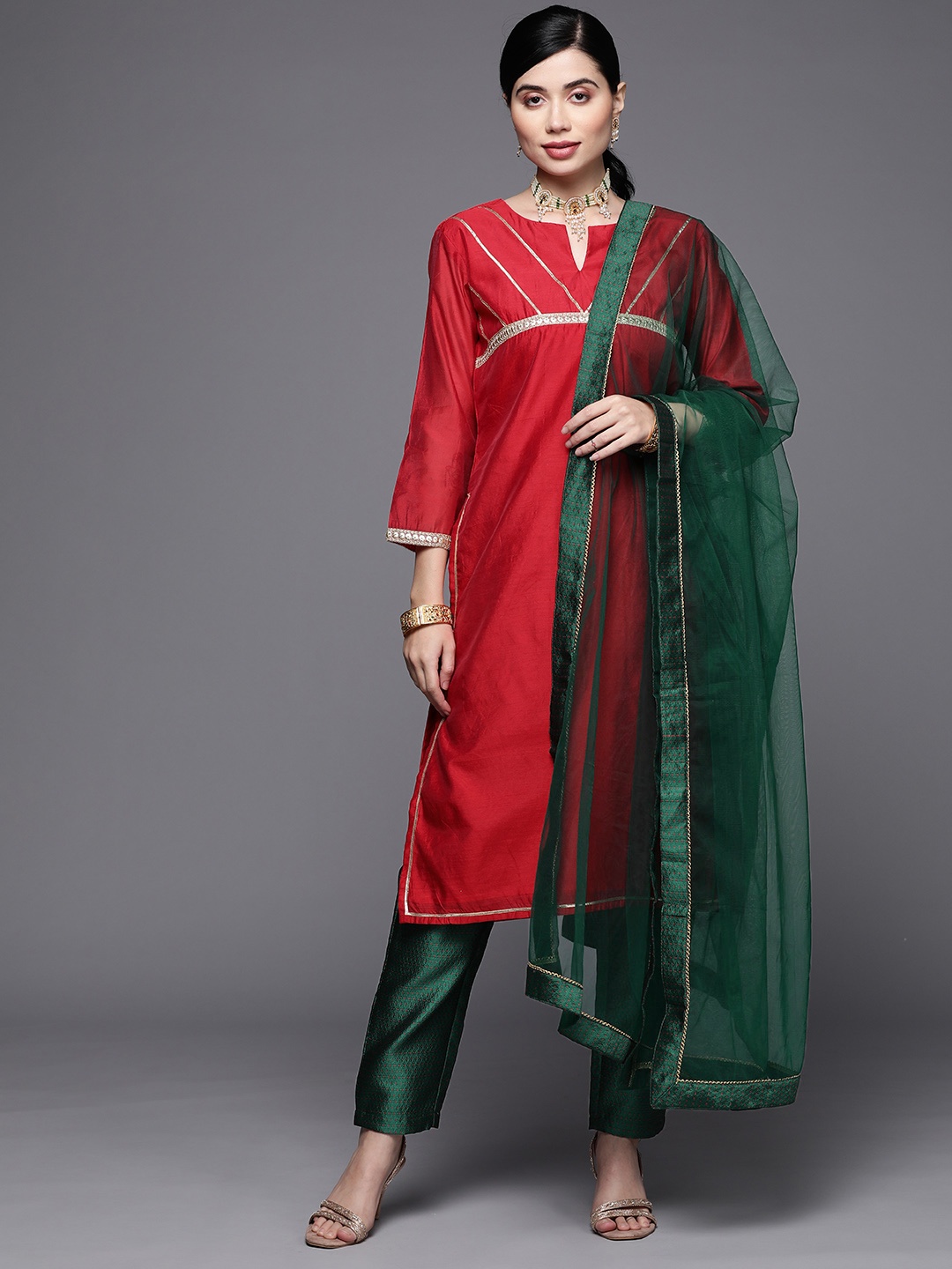 

Inddus Women Red Yoke Design Gotta Patti Chanderi Cotton Kurta with Trousers & With Dupatta