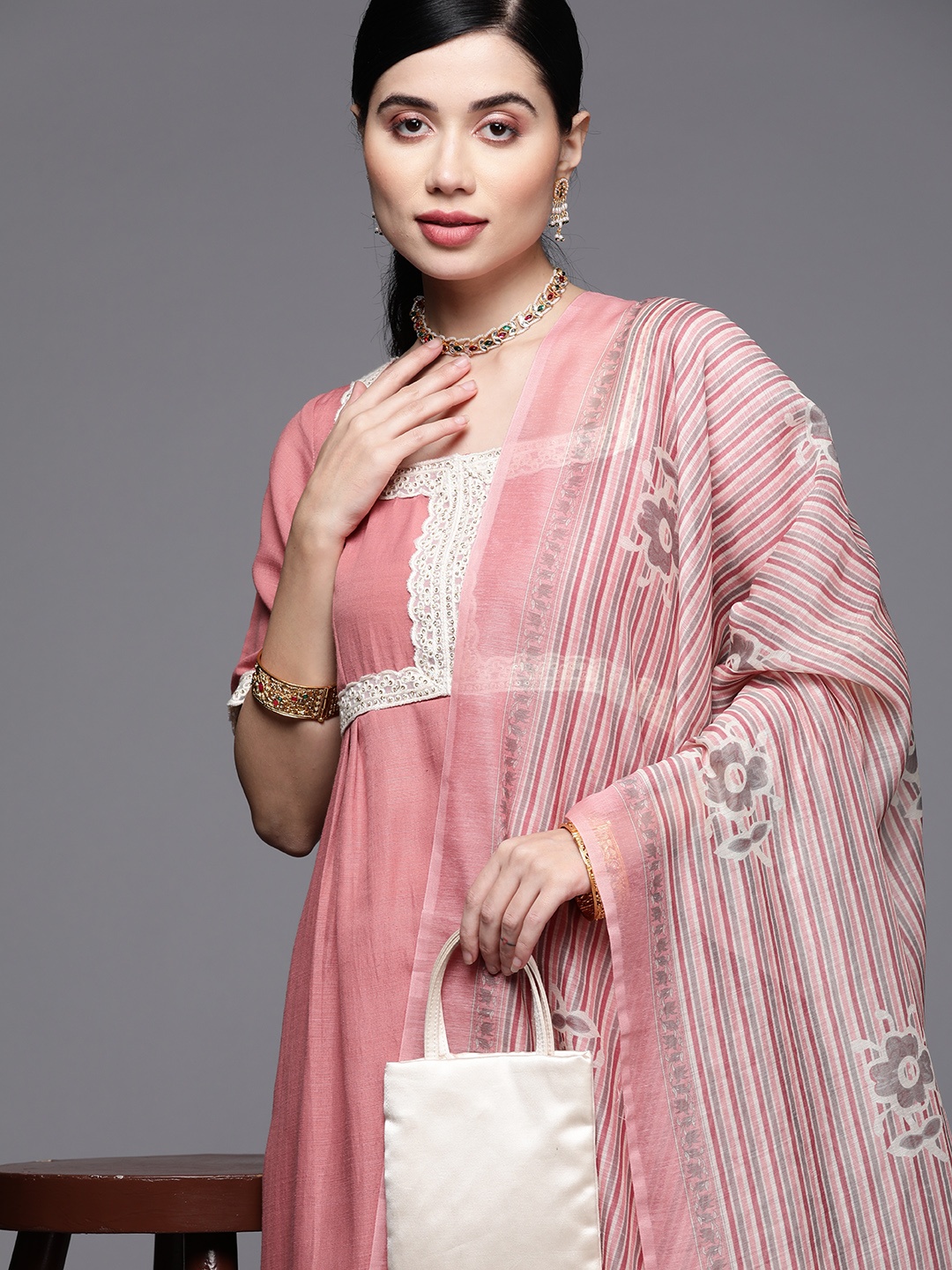 

Inddus Women Pink Yoke Design Thread Work Kurta with Trousers & With Dupatta