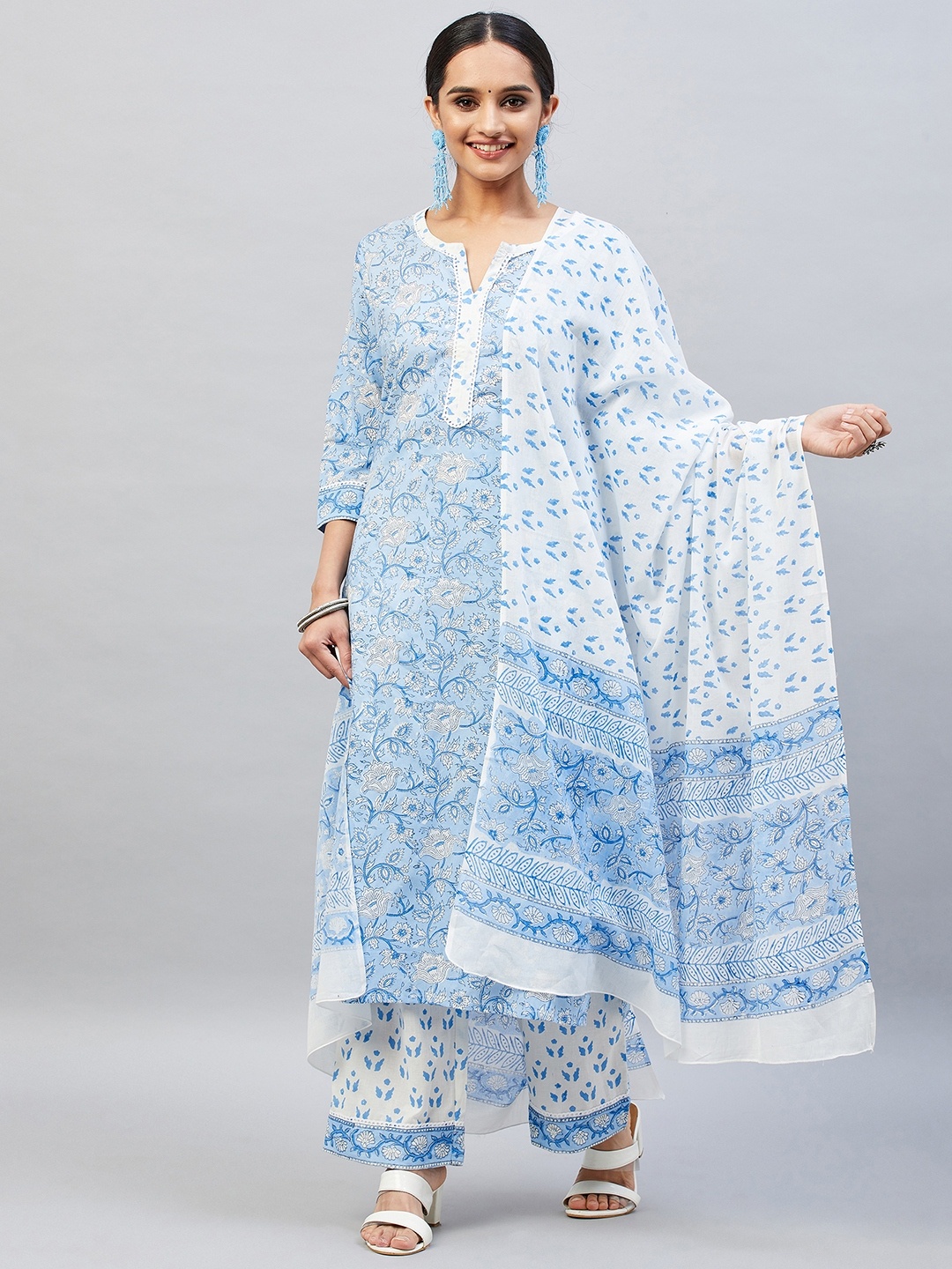 

Mulmul Women Floral Printed Pure Cotton Kurta with Palazzos & Dupatta, Blue
