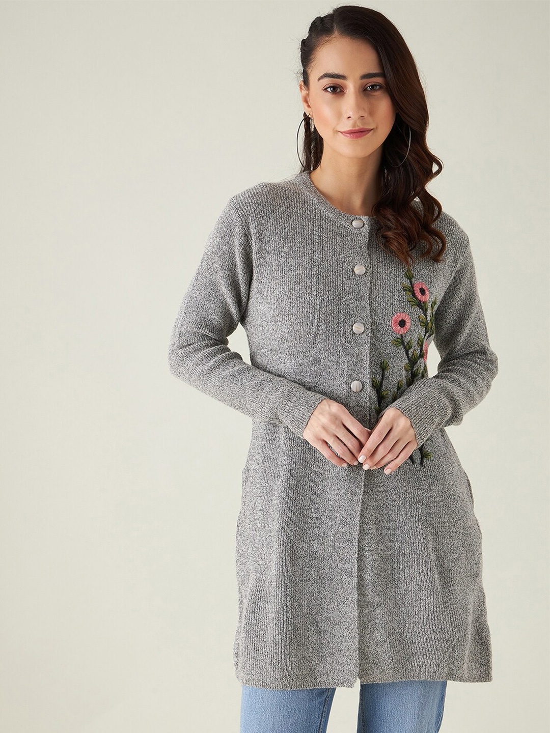 

Modeve Women Grey Floral Longline with Embroidered Detail Acrylic Sweater