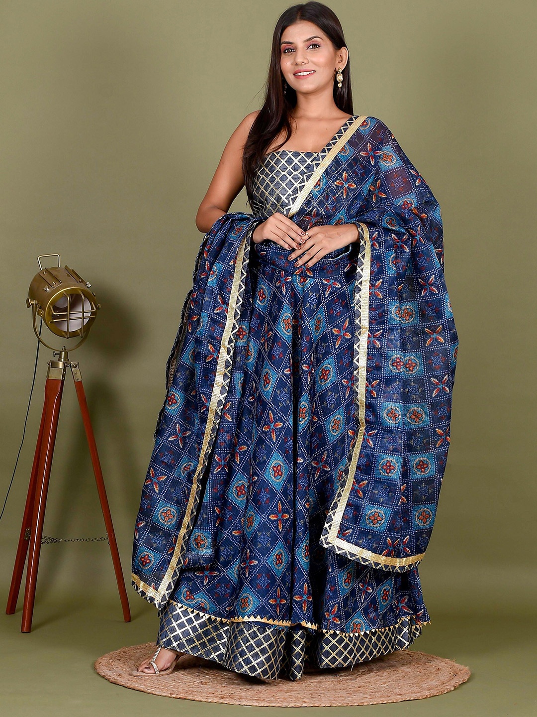 

Kesarya Navy Blue & Gold-Toned Embroidered Ready to Wear Lehenga & Unstitched Blouse With Dupatta