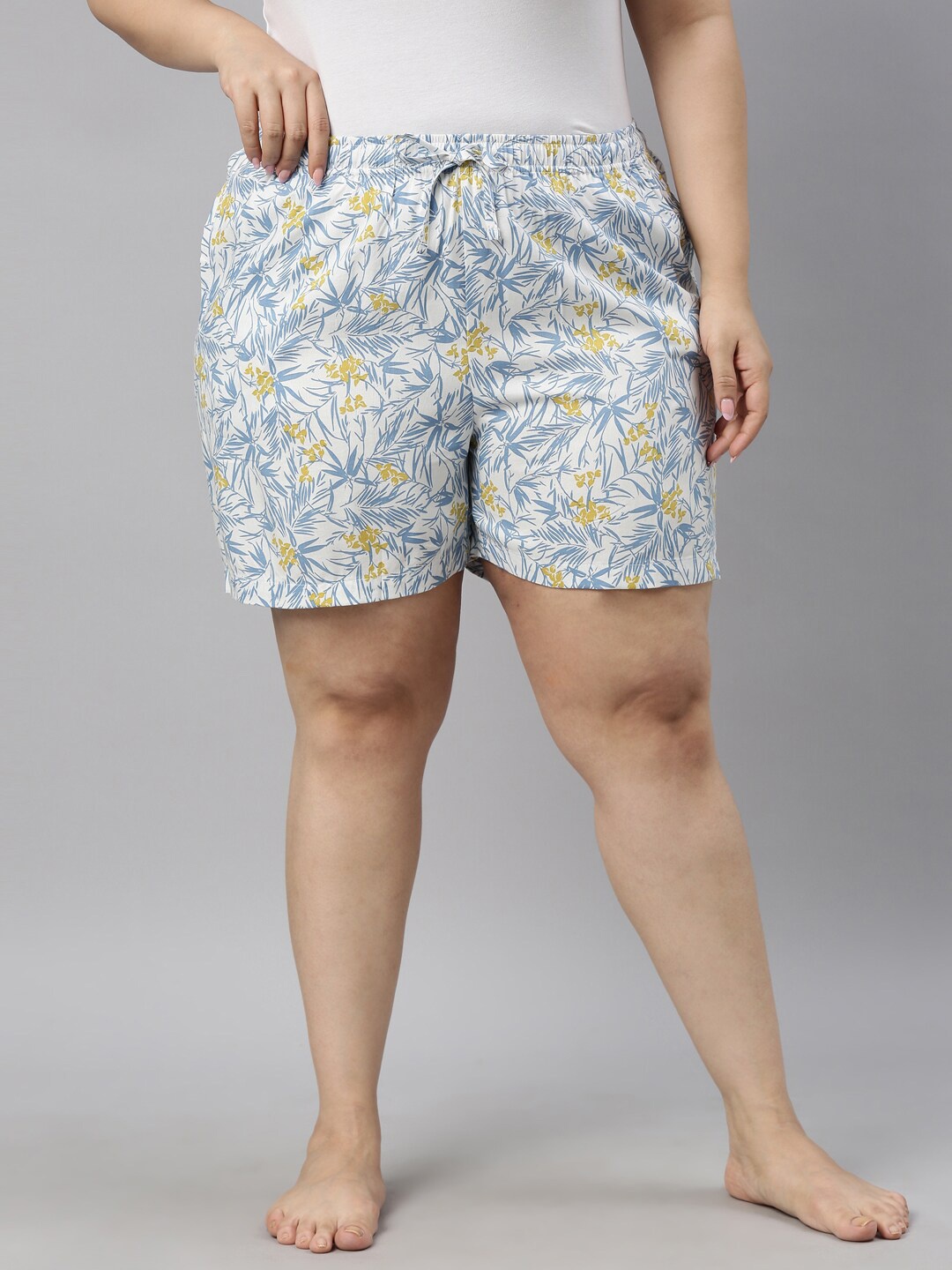 

Go Colors Women Plus Size White & Blue Printed Lounge Shorts