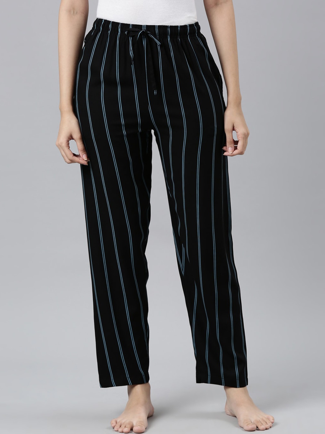 

Go Colors Women Black & Blue Striped Lounge Pants