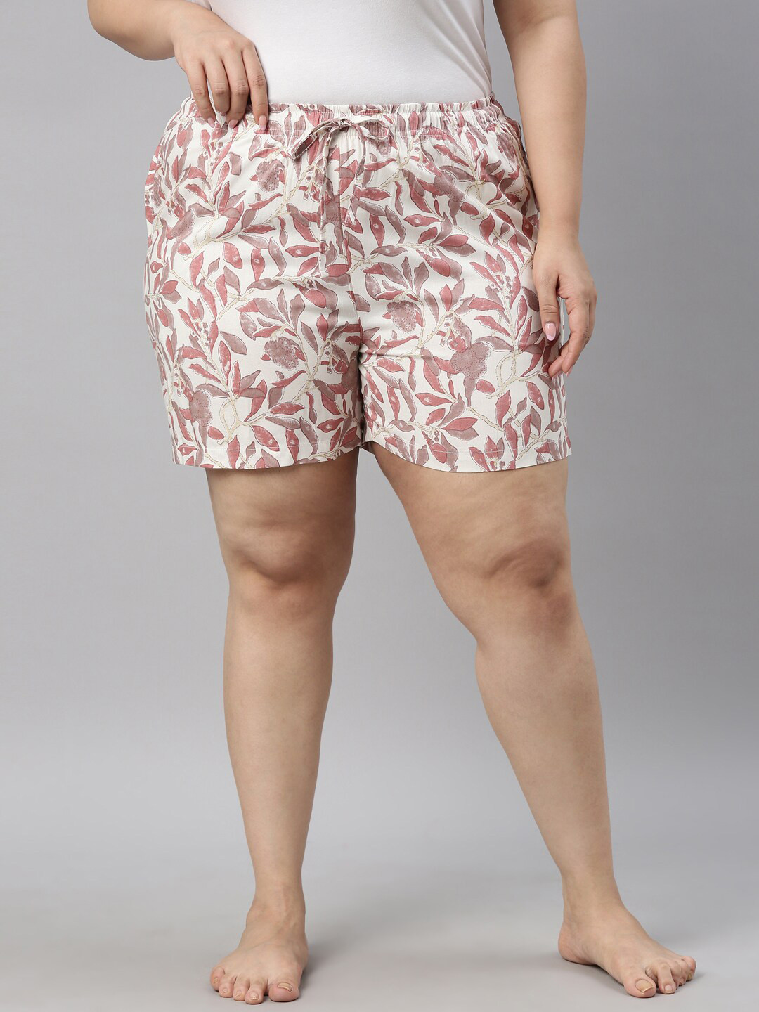 

Go Colors Women Plus Size White & Pink Printed Lounge Shorts
