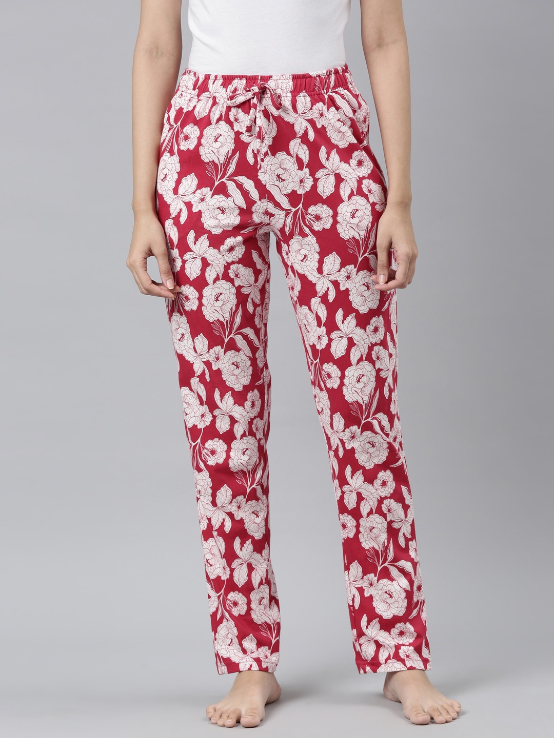 

Go Colors Women Red Floral Print Relaxed-Fit Cotton Lounge Pants
