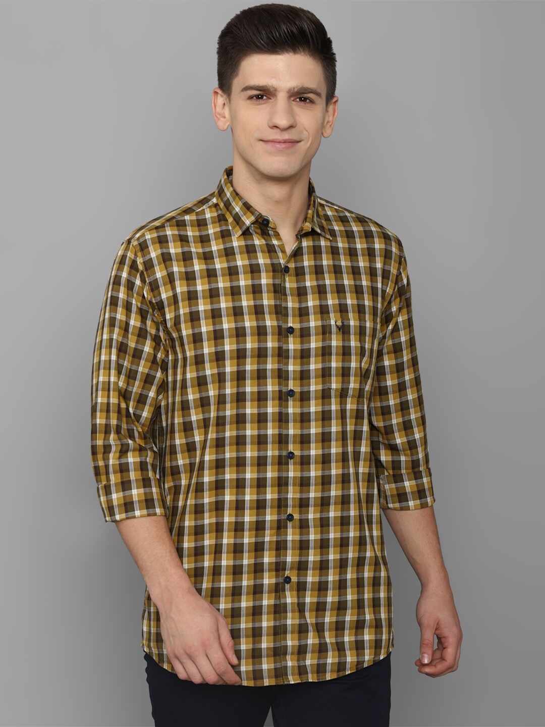 

Allen Solly Men Mustard Slim Fit Checked Pure Cotton Casual Shirt