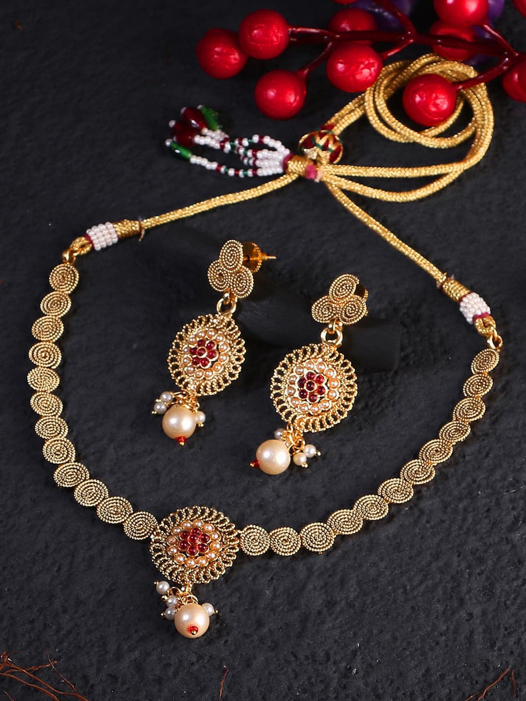 

Adwitiya Collection 24 KT Gold-Plated Red Stones & beads Studded Jewellery Set