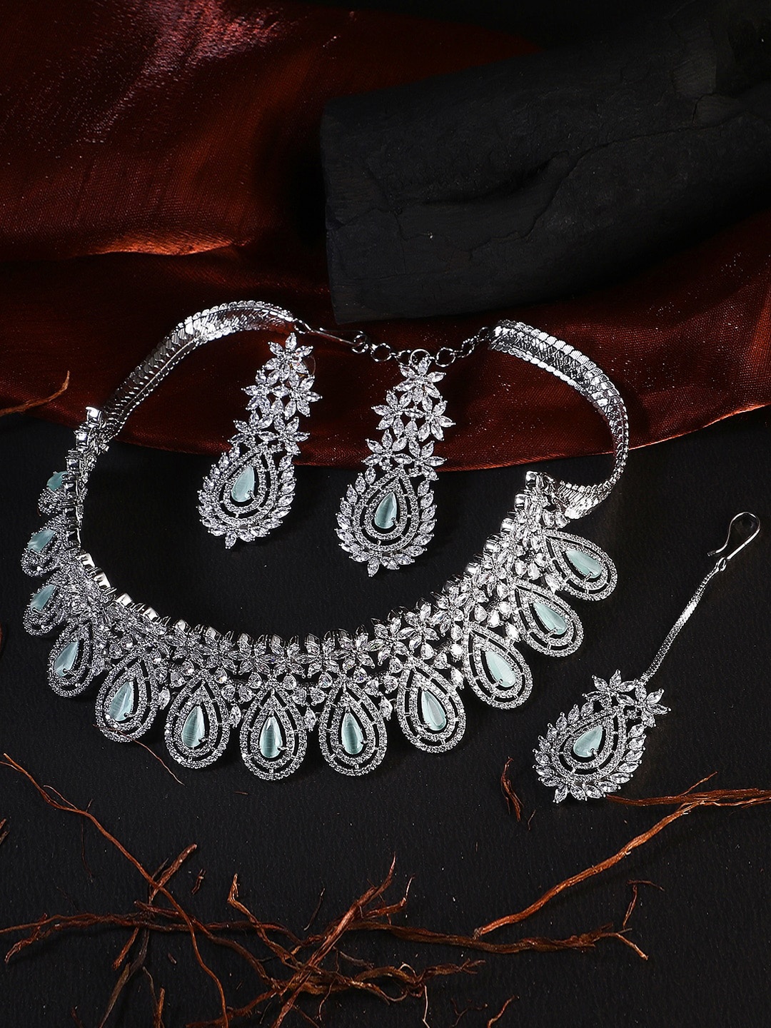 

Adwitiya Collection Rhodium-Plated Sea Green Artificial Stone-Studded Jewellery Set, Silver