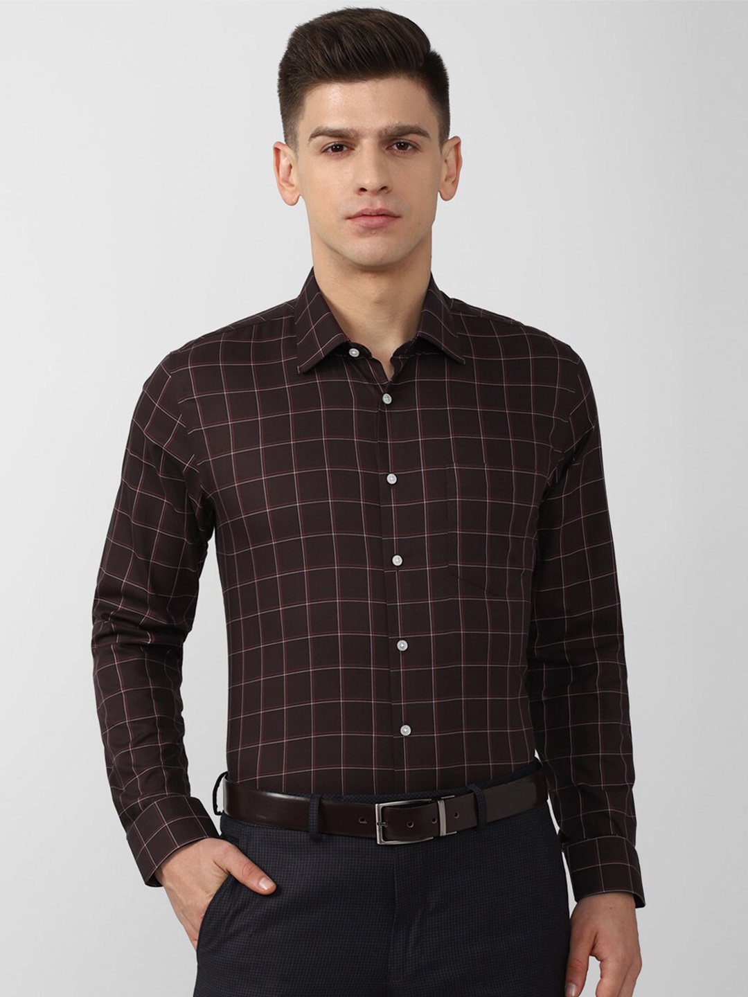 

Van Heusen Men Brown Cotton Slim Fit Windowpane Checks Checked Formal Shirt