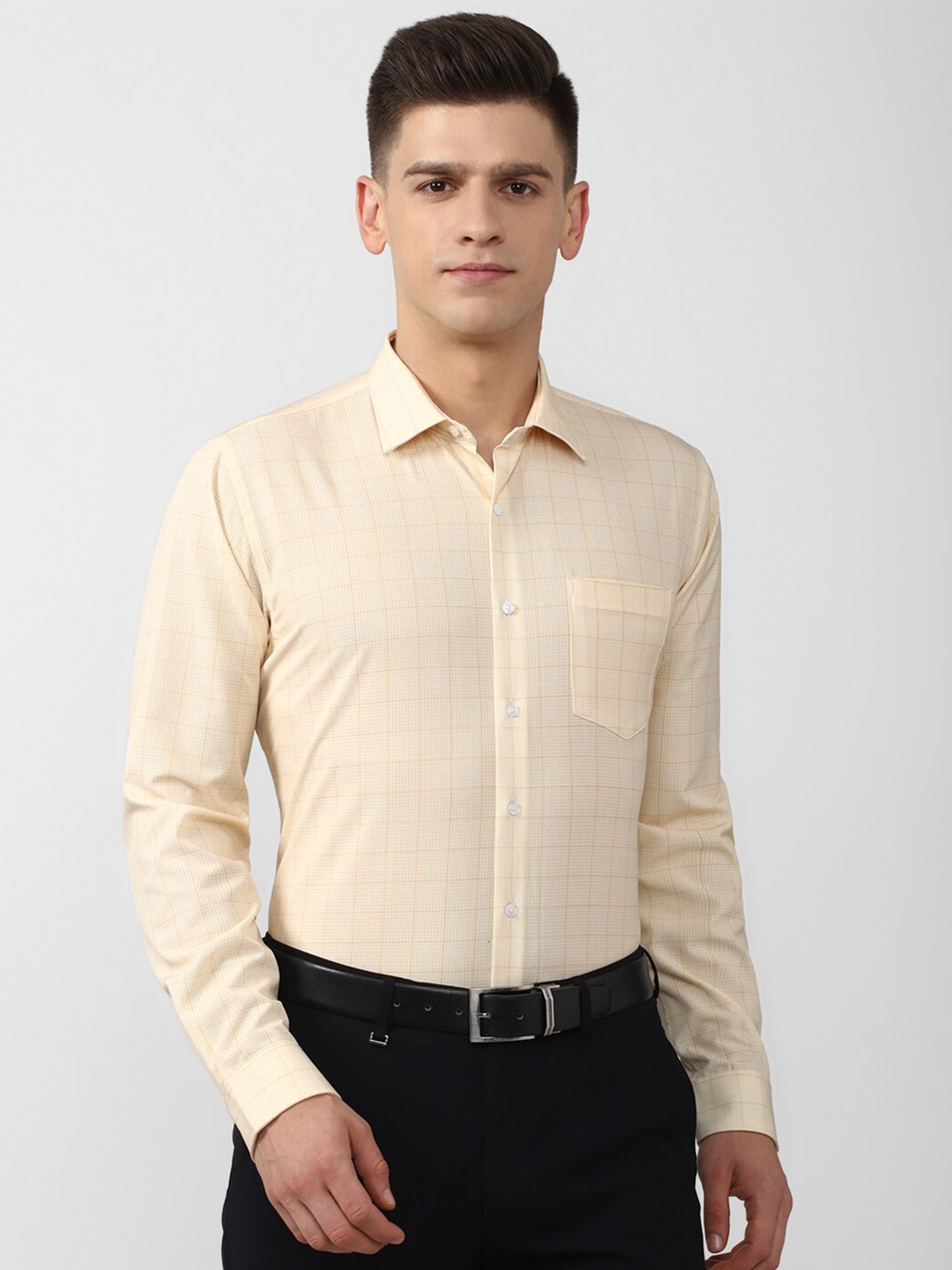 

Van Heusen Men Beige Slim Fit Grid Tattersall Checks Checked Formal Shirt