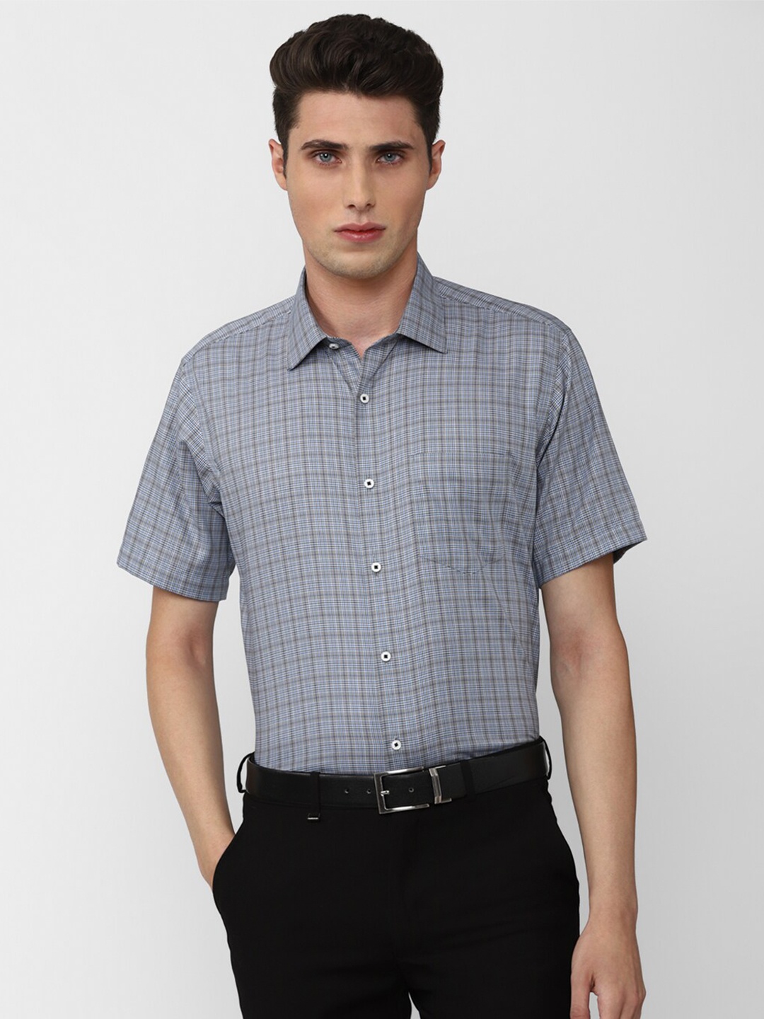 

Van Heusen Men Grey Pure Cotton Checked Spread Collar Formal Shirt