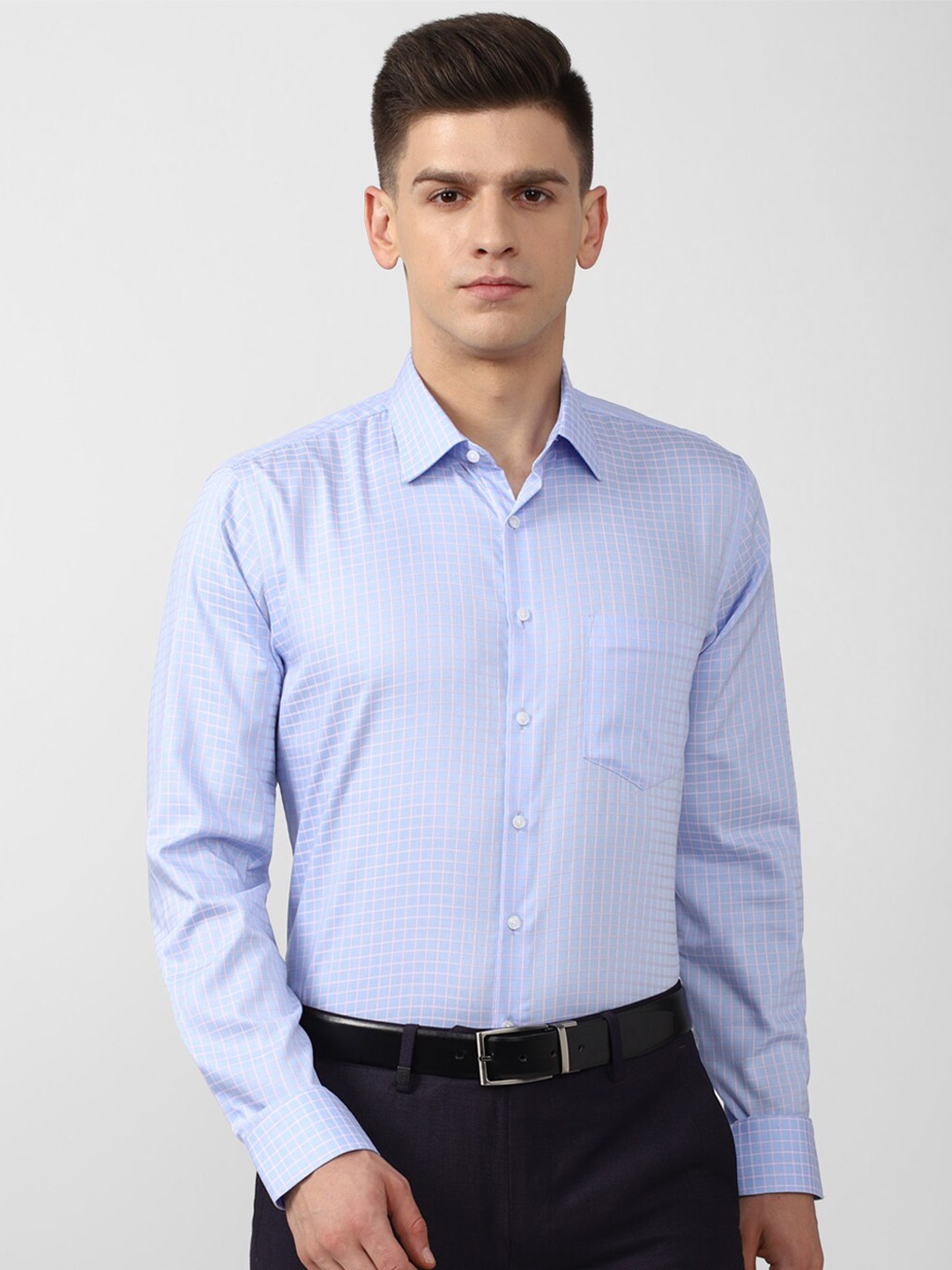 

Van Heusen Men Blue Pure Cotton Slim Fit Grid Tattersall Checked Formal Shirt