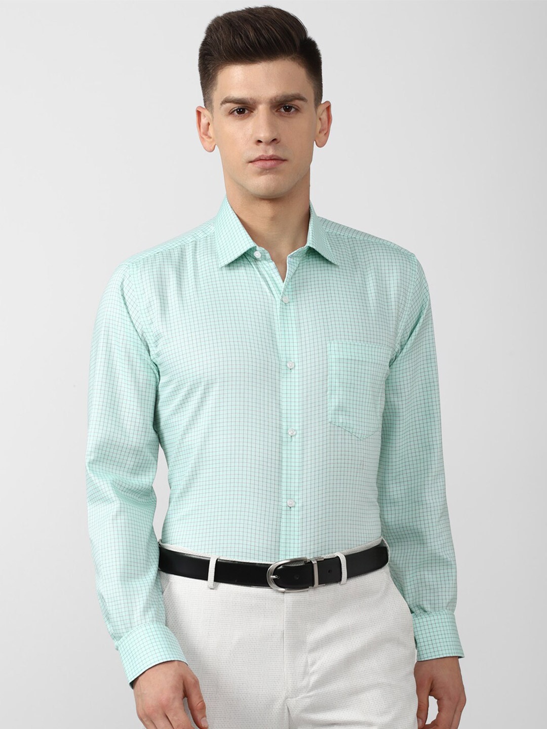 

Van Heusen Men Green Pure Cotton Grid Tattersall Checks Checked Formal Shirt