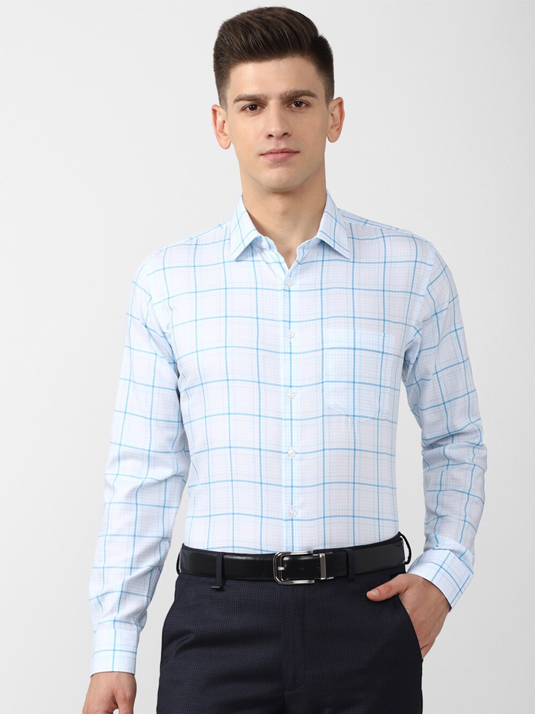 

Van Heusen Men Blue Pure Cotton Slim Fit Windowpane Checked Formal Shirt
