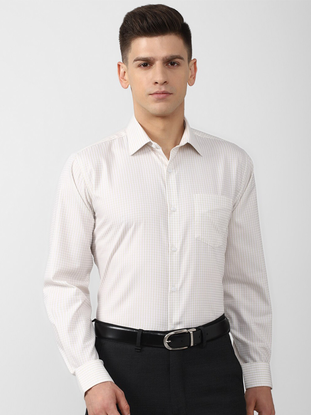 

Van Heusen Men Cream-Coloured Grid Tattersall Checks Formal Cotton Shirt