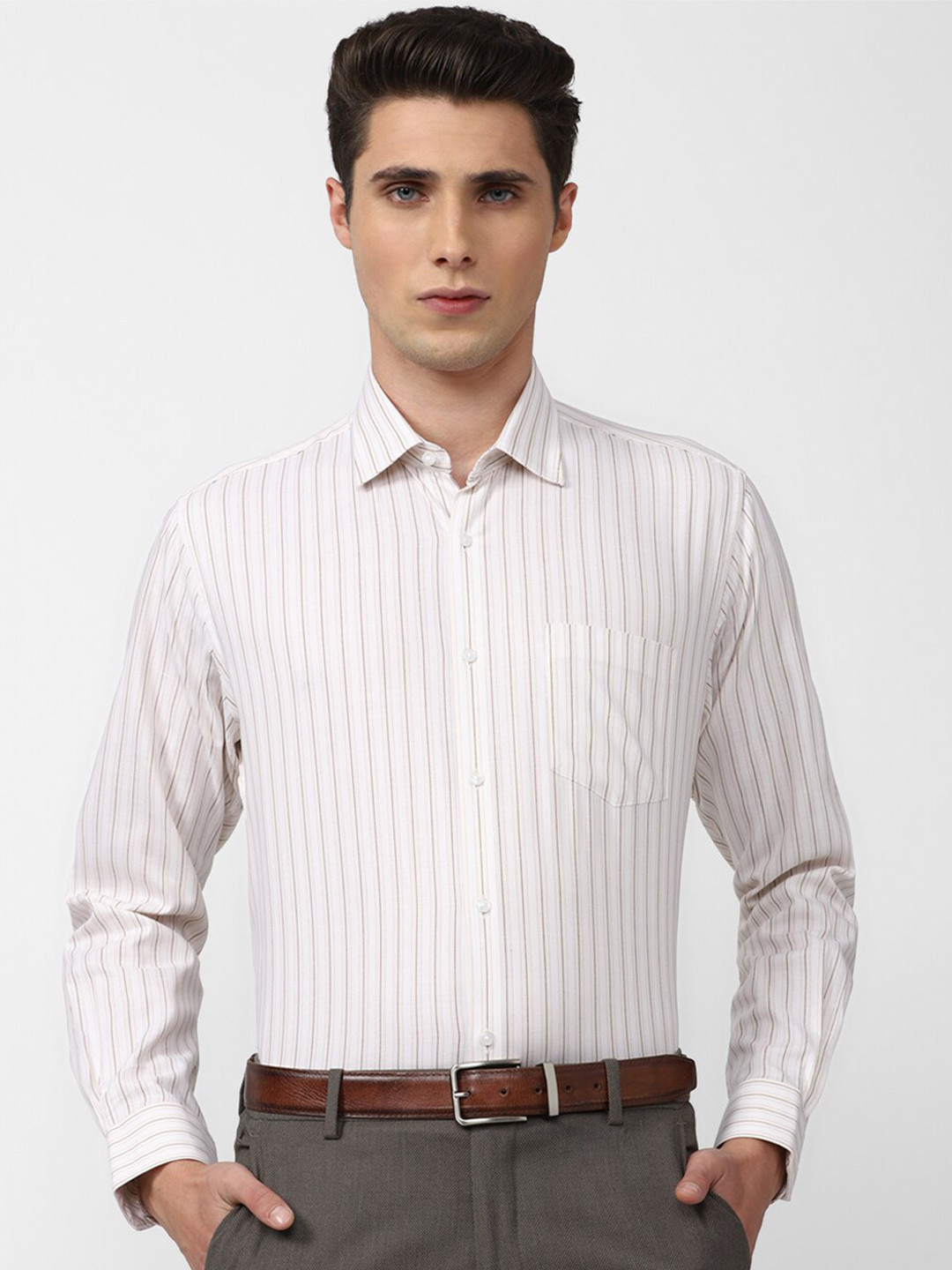

Van Heusen Men Cream-Coloured Striped Formal Cotton Shirt