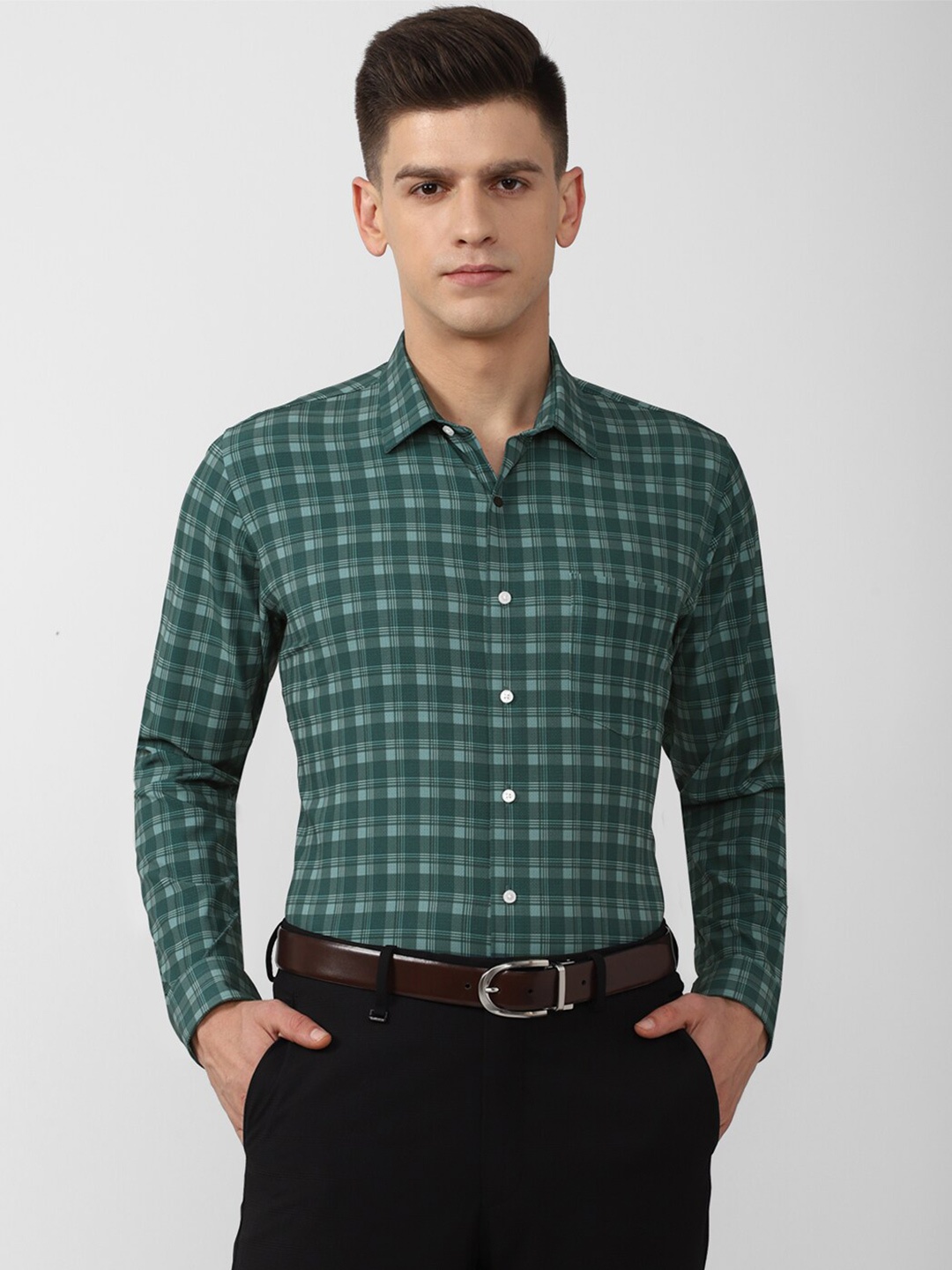 

Van Heusen Men Green Slim Fit Tartan Checks Checked Formal Polyester Shirt