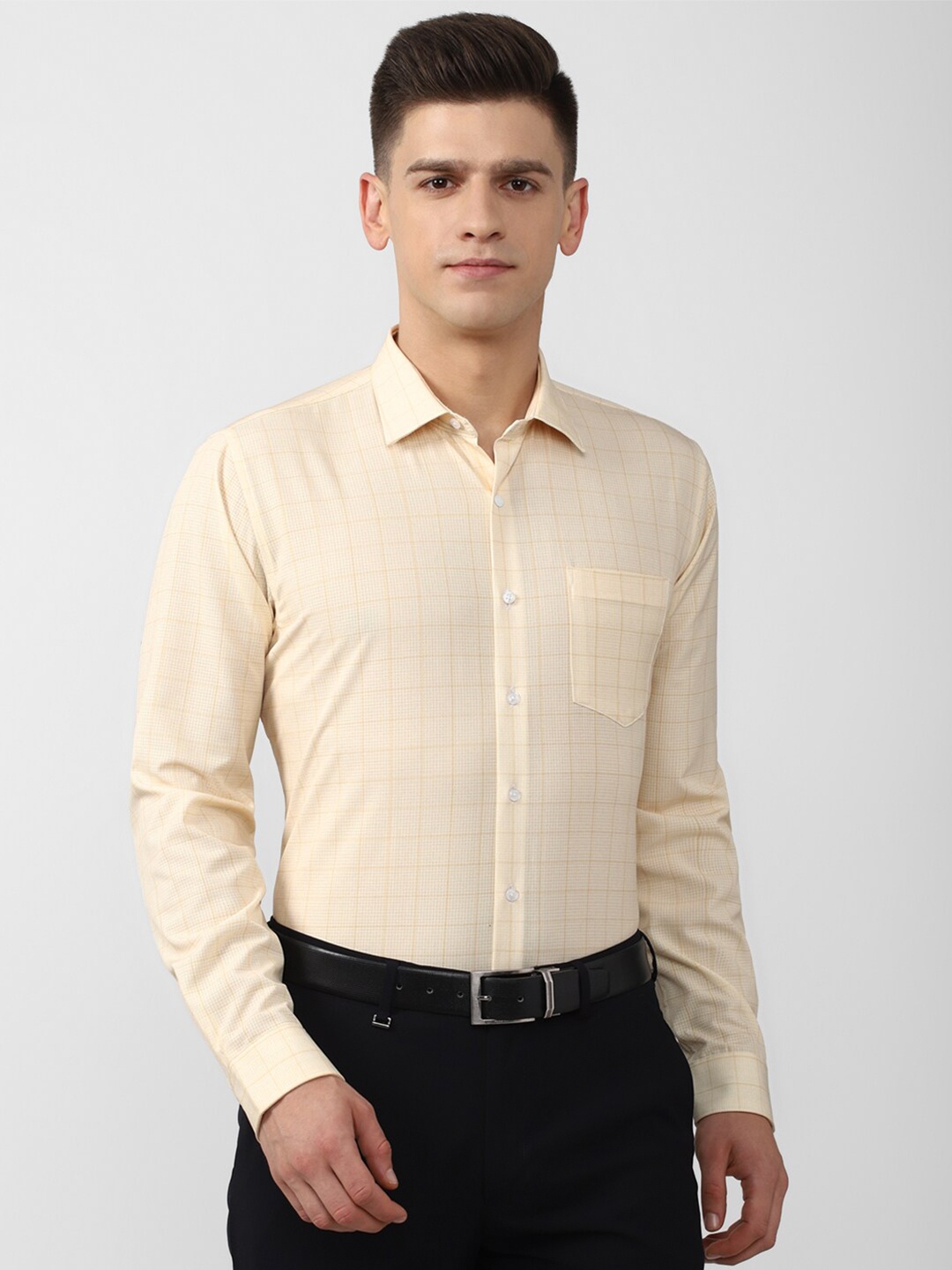 

Van Heusen Men Beige Slim Fit Grid Tattersall Checks Checked Formal Polyester Shirt