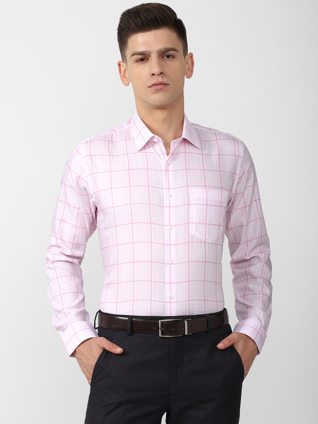 

Van Heusen Men Pink Slim Fit Windowpane Checks Checked Formal Pure Cotton Shirt